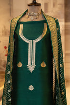 Green Pure Silk Unstitched Suit Set With Weaving Details
