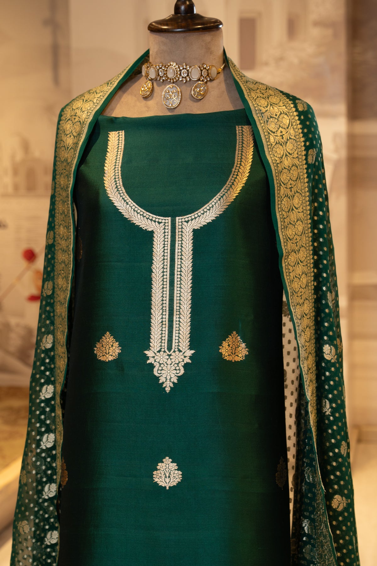 Green Pure Silk Unstitched Suit Set With Weaving Details