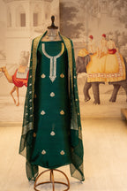 Green Pure Silk Unstitched Suit Set With Weaving Details