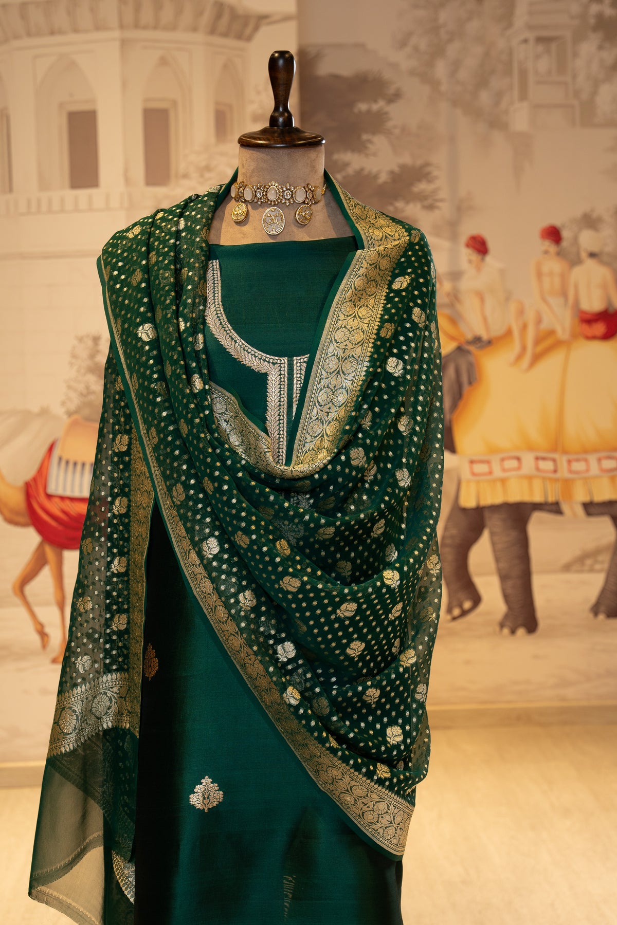 Green Pure Silk Unstitched Suit Set With Weaving Details