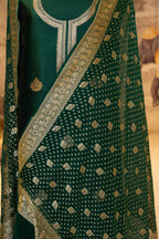 Green Pure Silk Unstitched Suit Set With Weaving Details