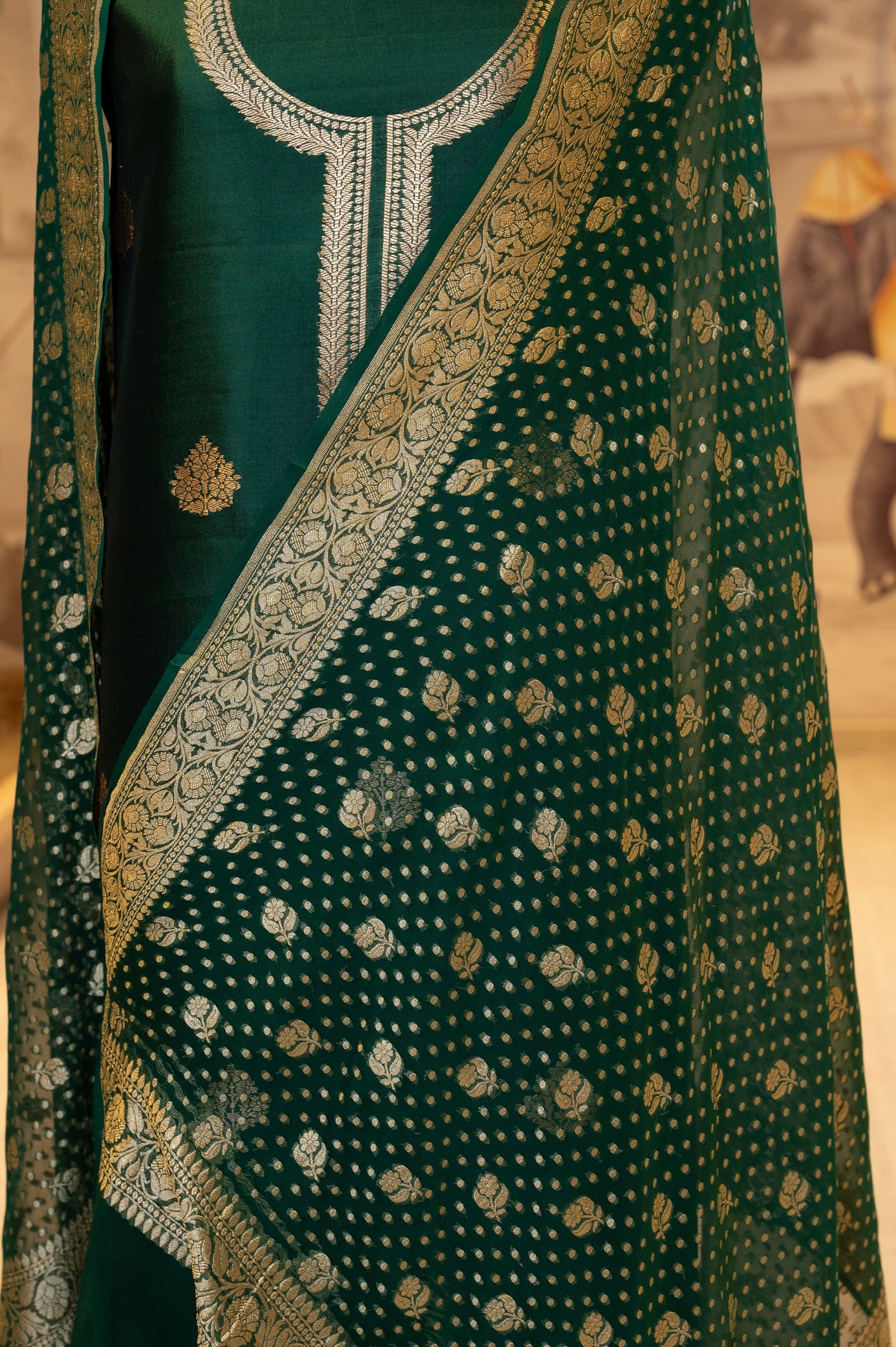Green Pure Silk Unstitched Suit Set With Weaving Details