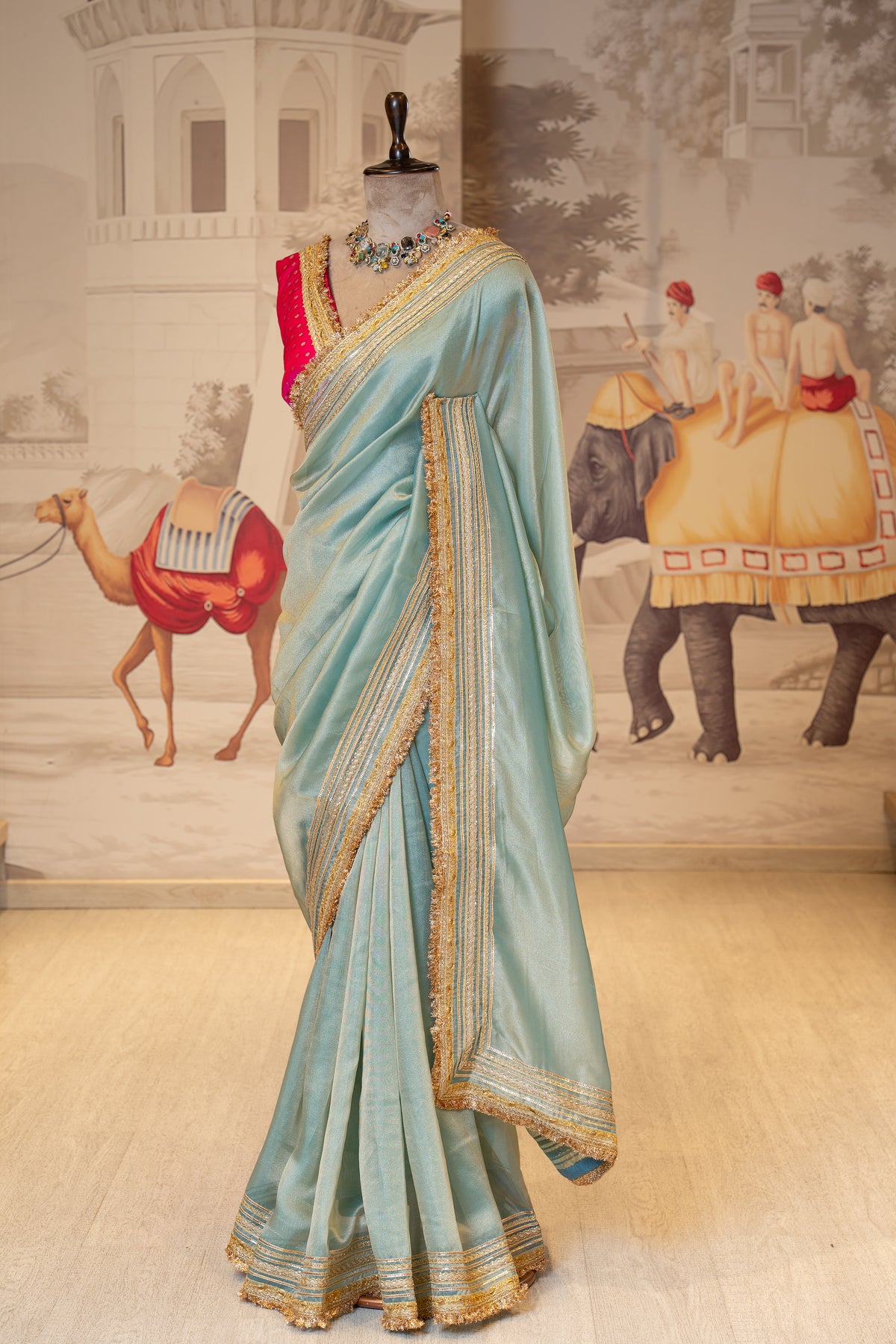 Aqua Blue Tissue Unstitched Saree