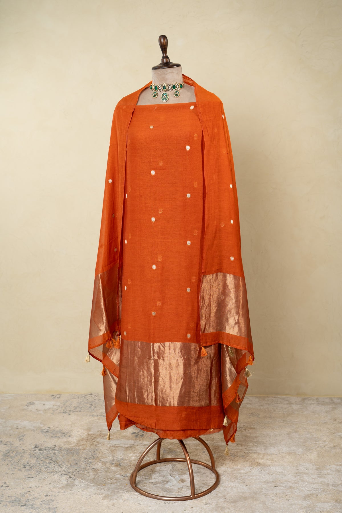 Rust Banarsi Mal Chanderi Unstitched Suit Set