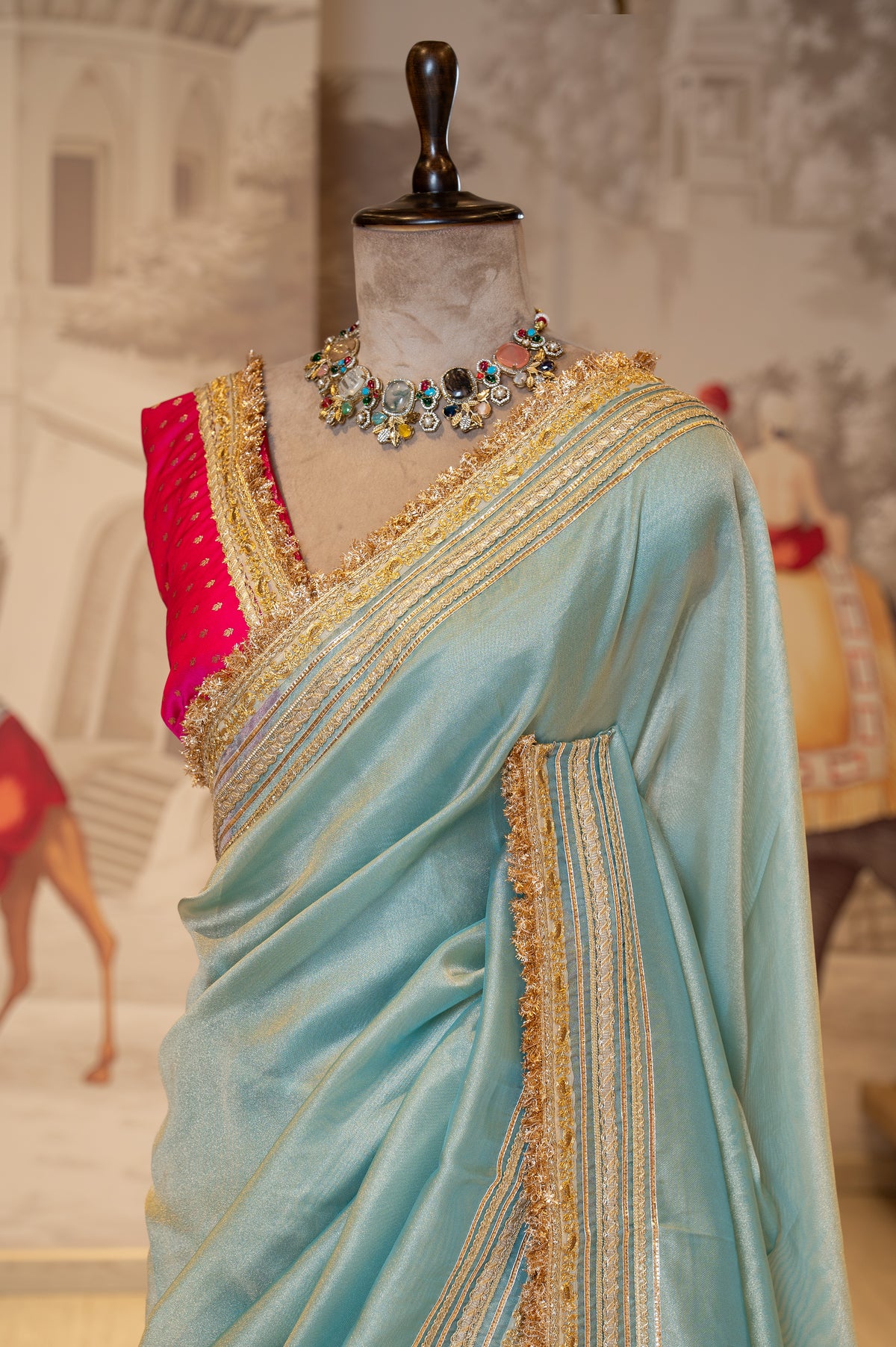 Aqua Blue Tissue Unstitched Saree