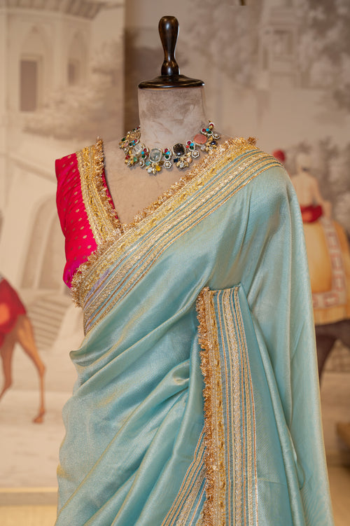 Aqua Blue Tissue Unstitched Saree