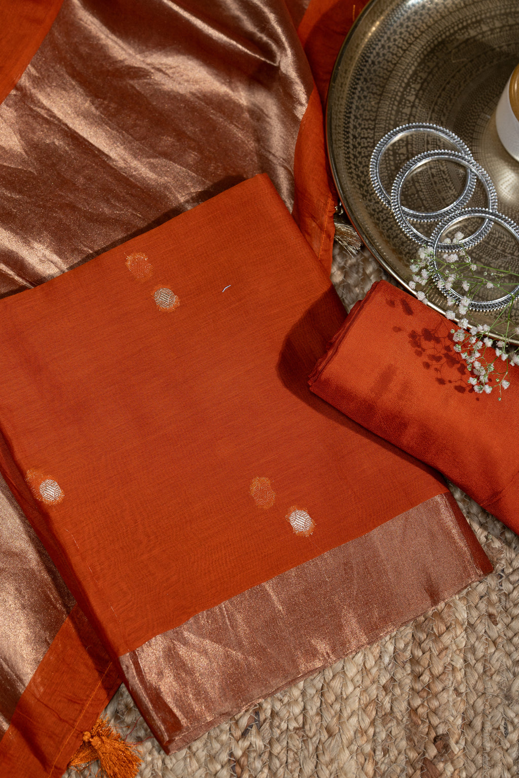 Rust Banarsi Mal Chanderi Unstitched Suit Set