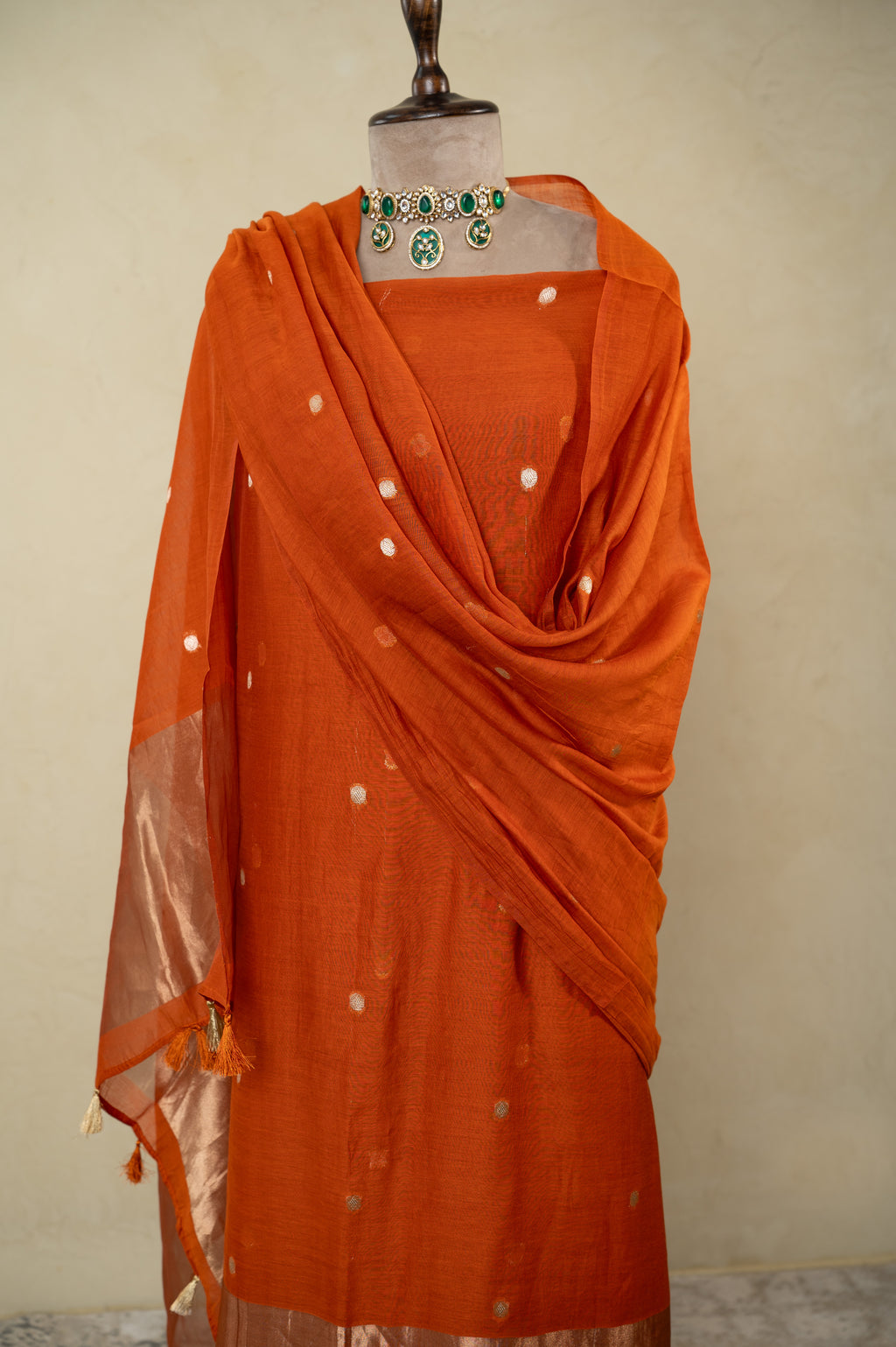 Rust Banarsi Mal Chanderi Unstitched Suit Set