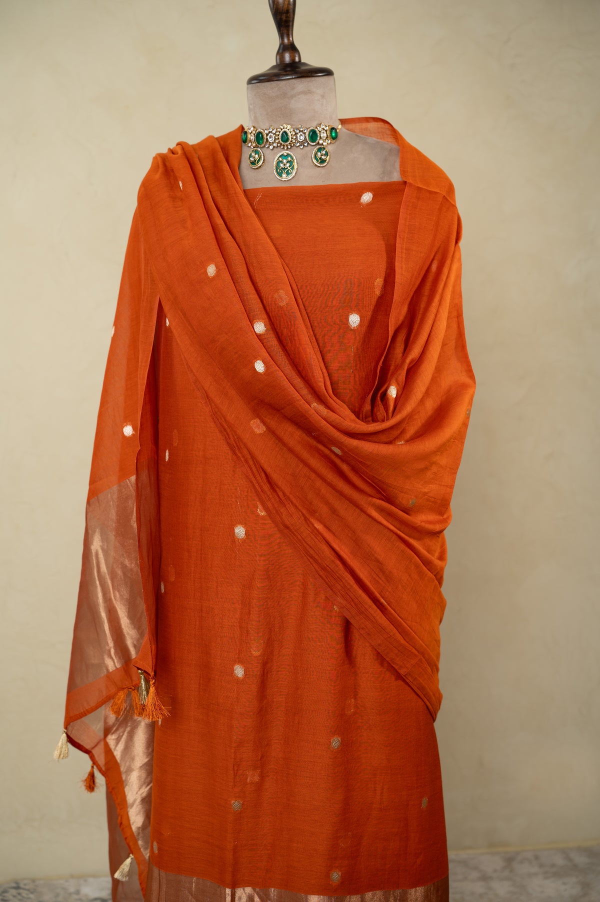 Rust Banarsi Mal Chanderi Unstitched Suit Set