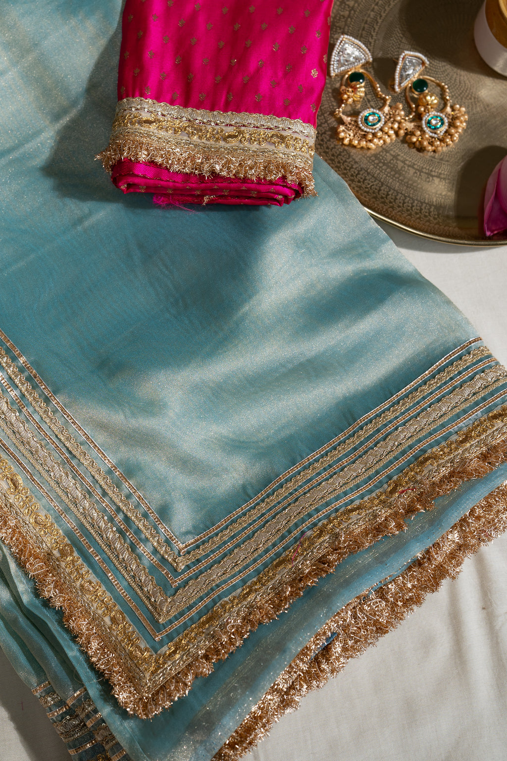 Aqua Blue Tissue Unstitched Saree