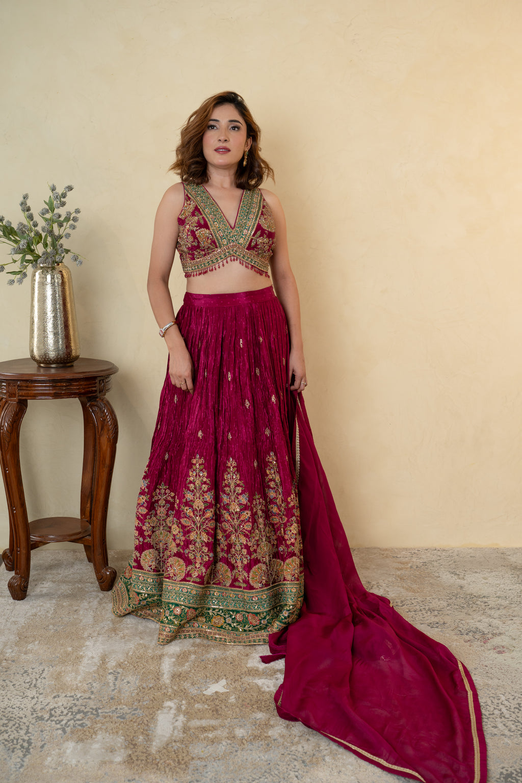 Wine Silk Embroidered Partywear Lehenga with Organza Dupatta