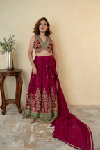 Wine Silk Embroidered Partywear Lehenga with Organza Dupatta