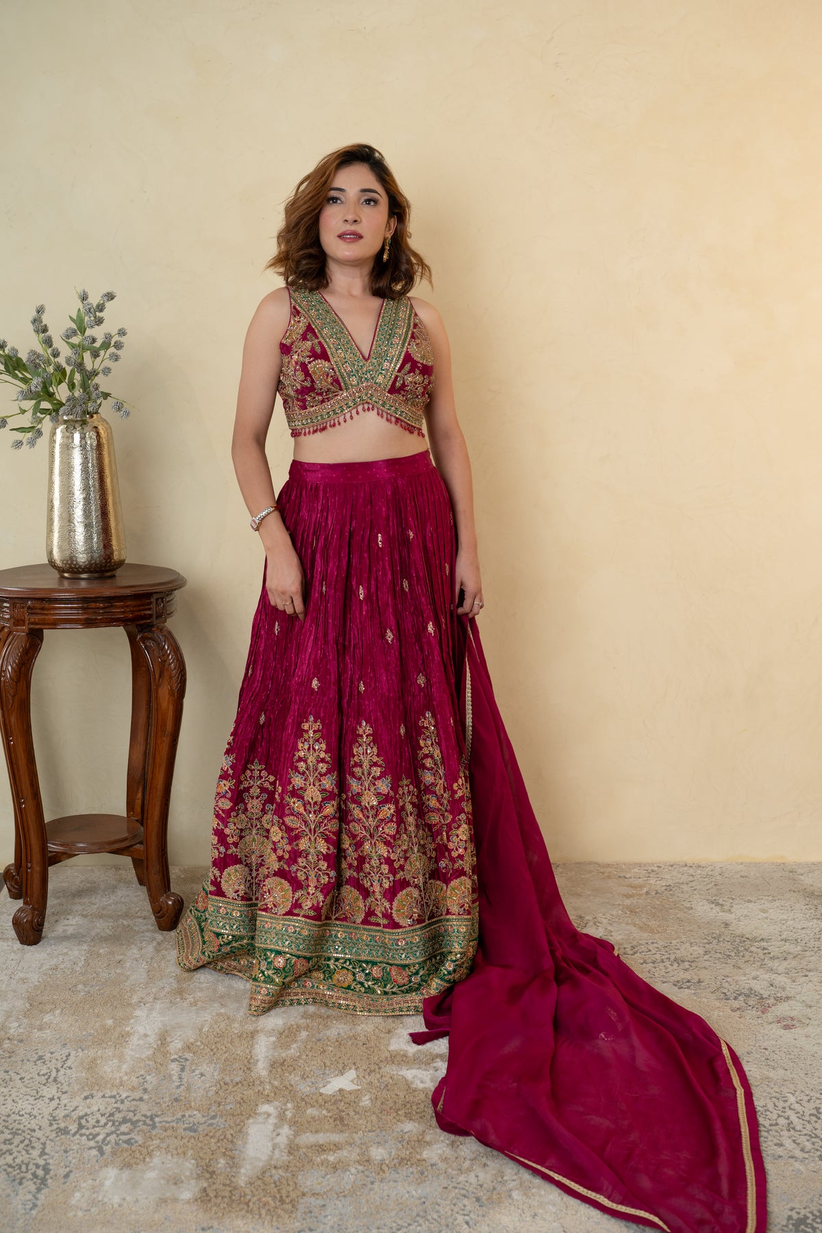 Wine Silk Embroidered Partywear Lehenga with Organza Dupatta