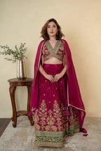 Wine Silk Embroidered Partywear Lehenga with Organza Dupatta