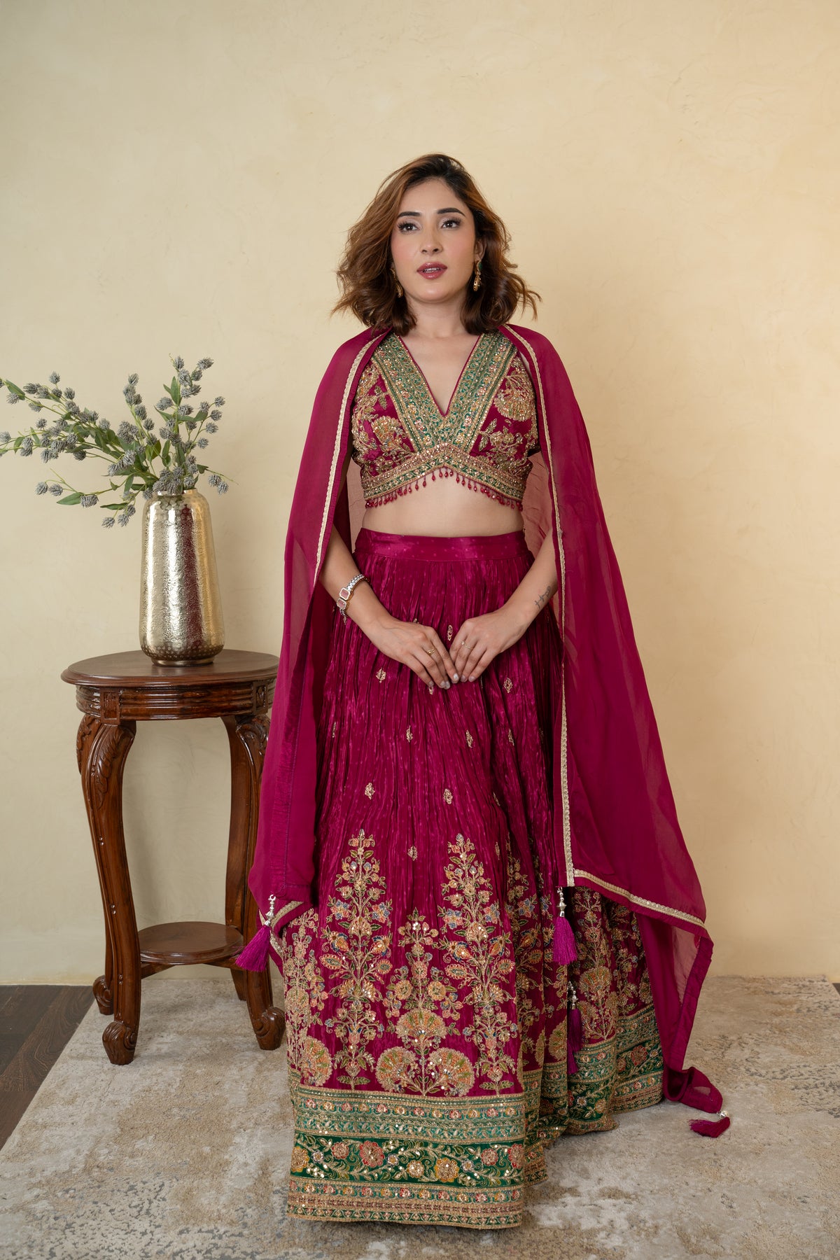 Wine Silk Embroidered Partywear Lehenga with Organza Dupatta