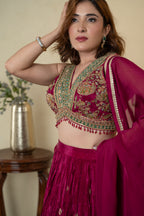 Wine Silk Embroidered Partywear Lehenga with Organza Dupatta