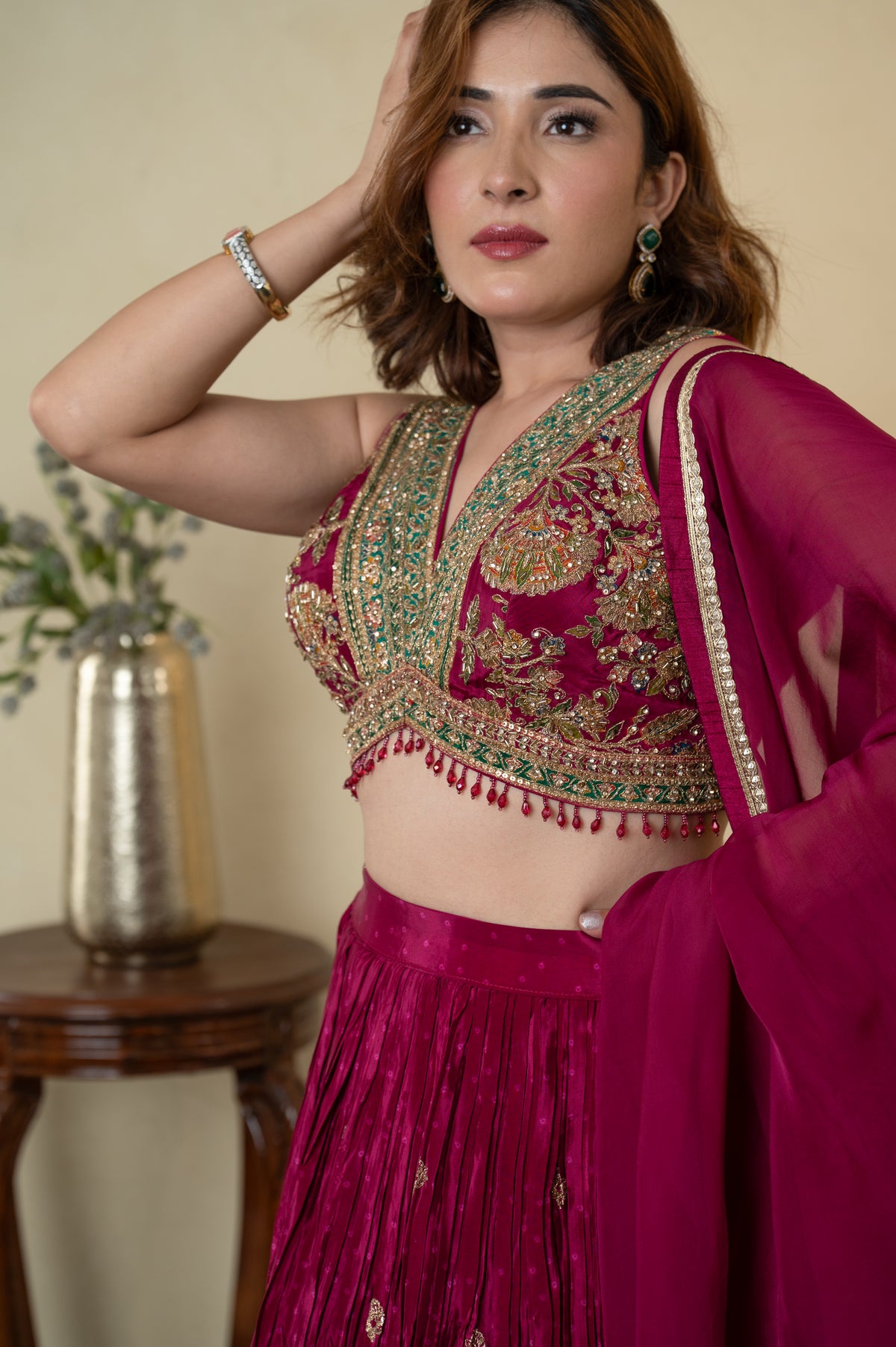Wine Silk Embroidered Partywear Lehenga with Organza Dupatta