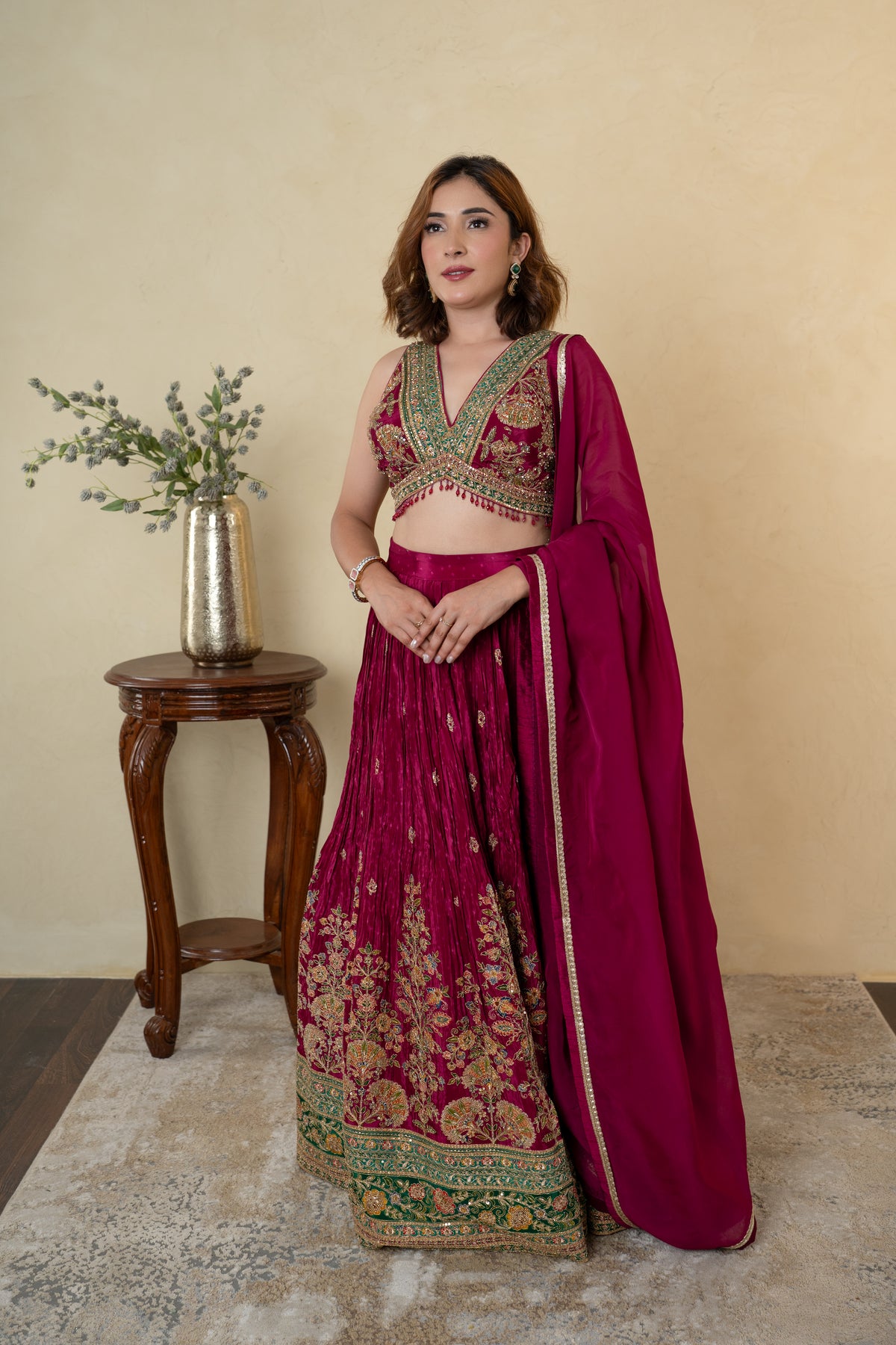 Wine Silk Embroidered Partywear Lehenga with Organza Dupatta