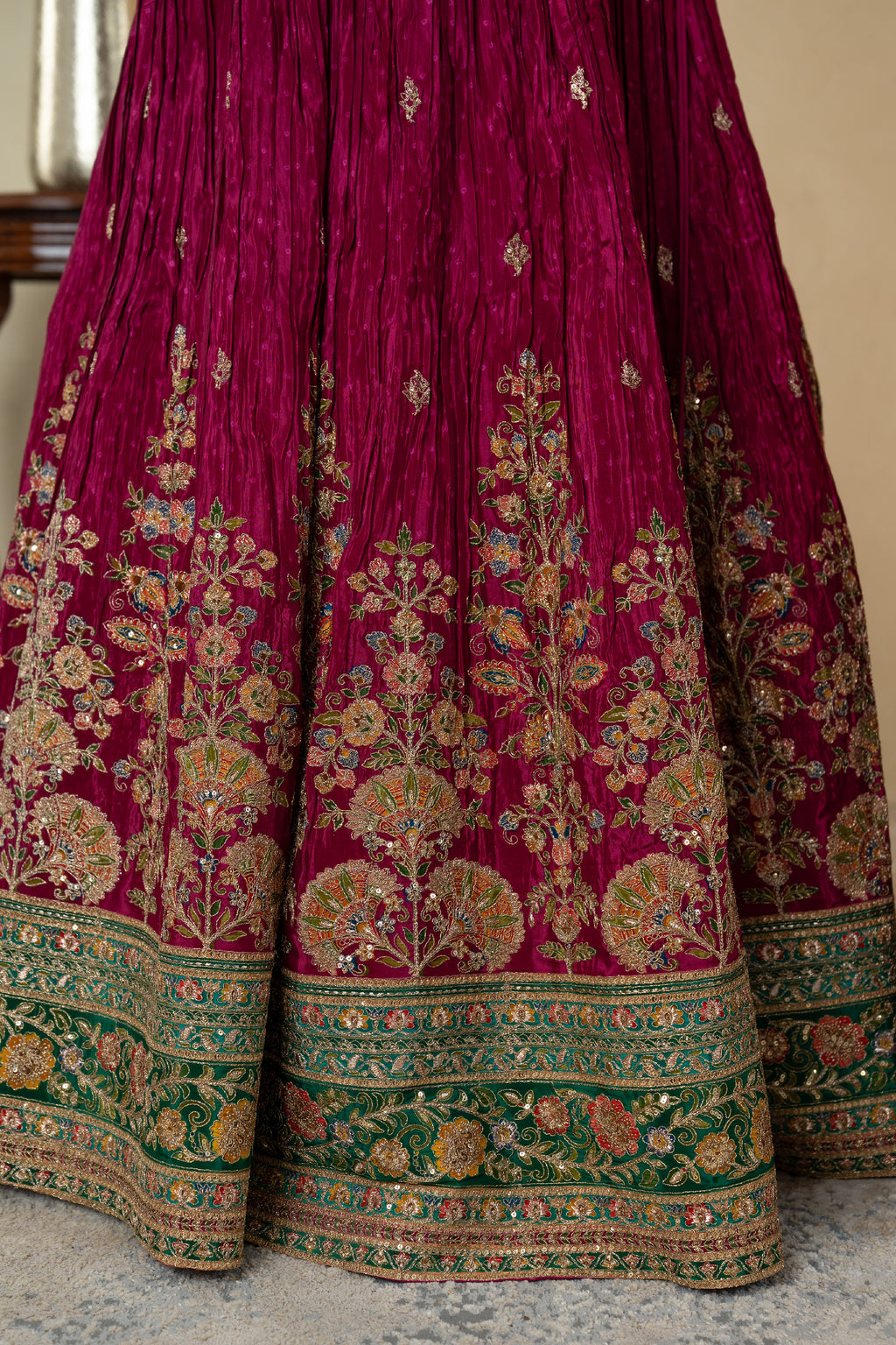 Wine Silk Embroidered Partywear Lehenga with Organza Dupatta