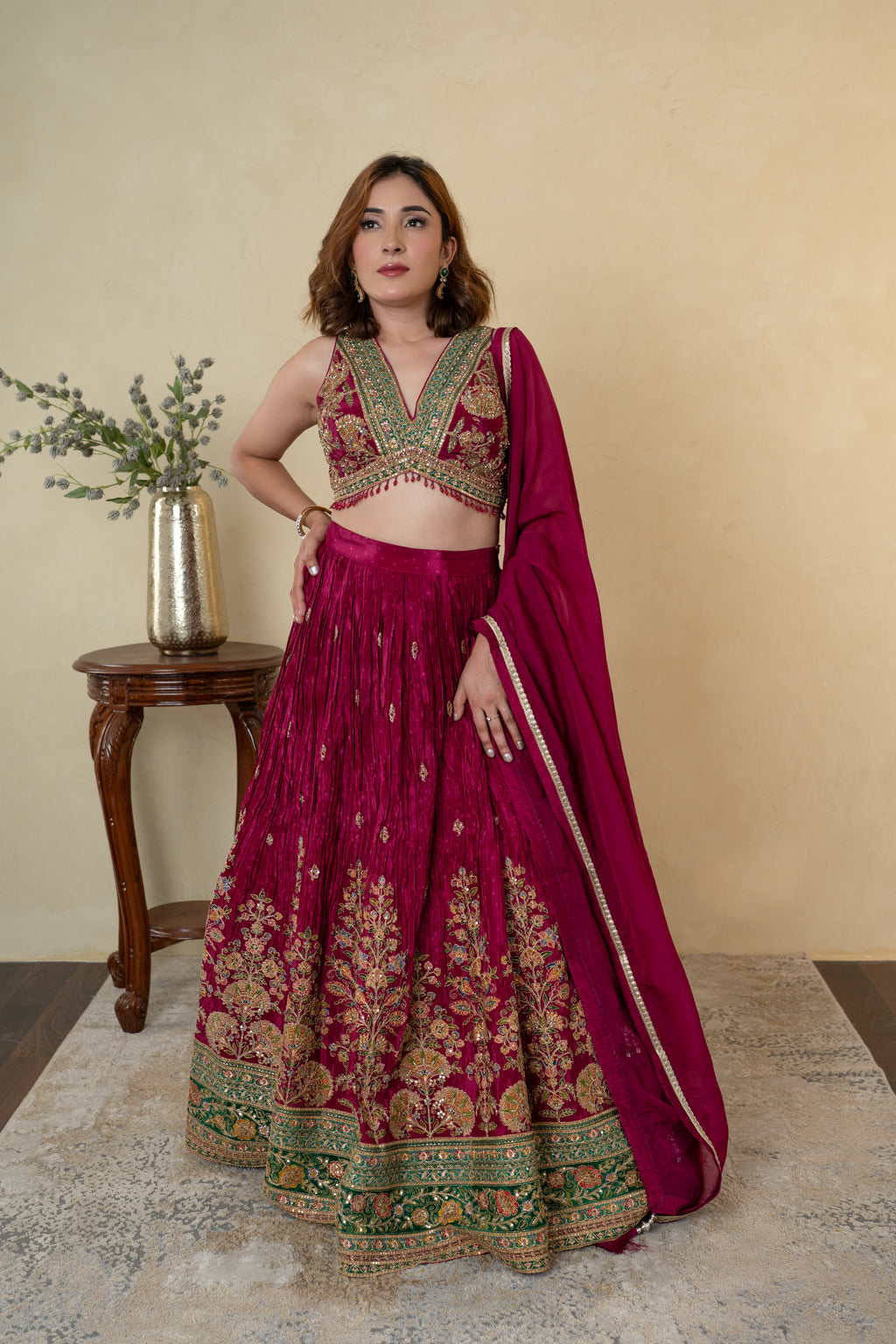 Wine Silk Embroidered Partywear Lehenga with Organza Dupatta
