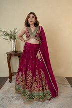 Wine Silk Embroidered Partywear Lehenga with Organza Dupatta