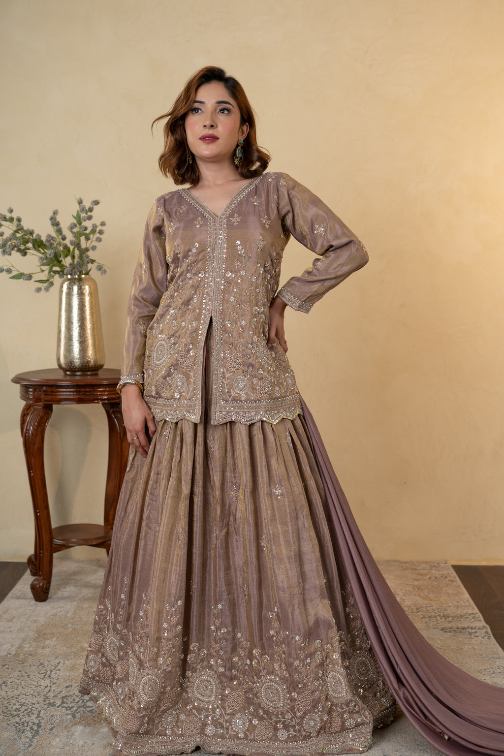 Mauve Tissue Embroidered Kurti Lehenga