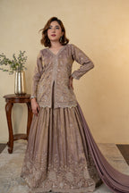 Mauve Tissue Embroidered Kurti Lehenga