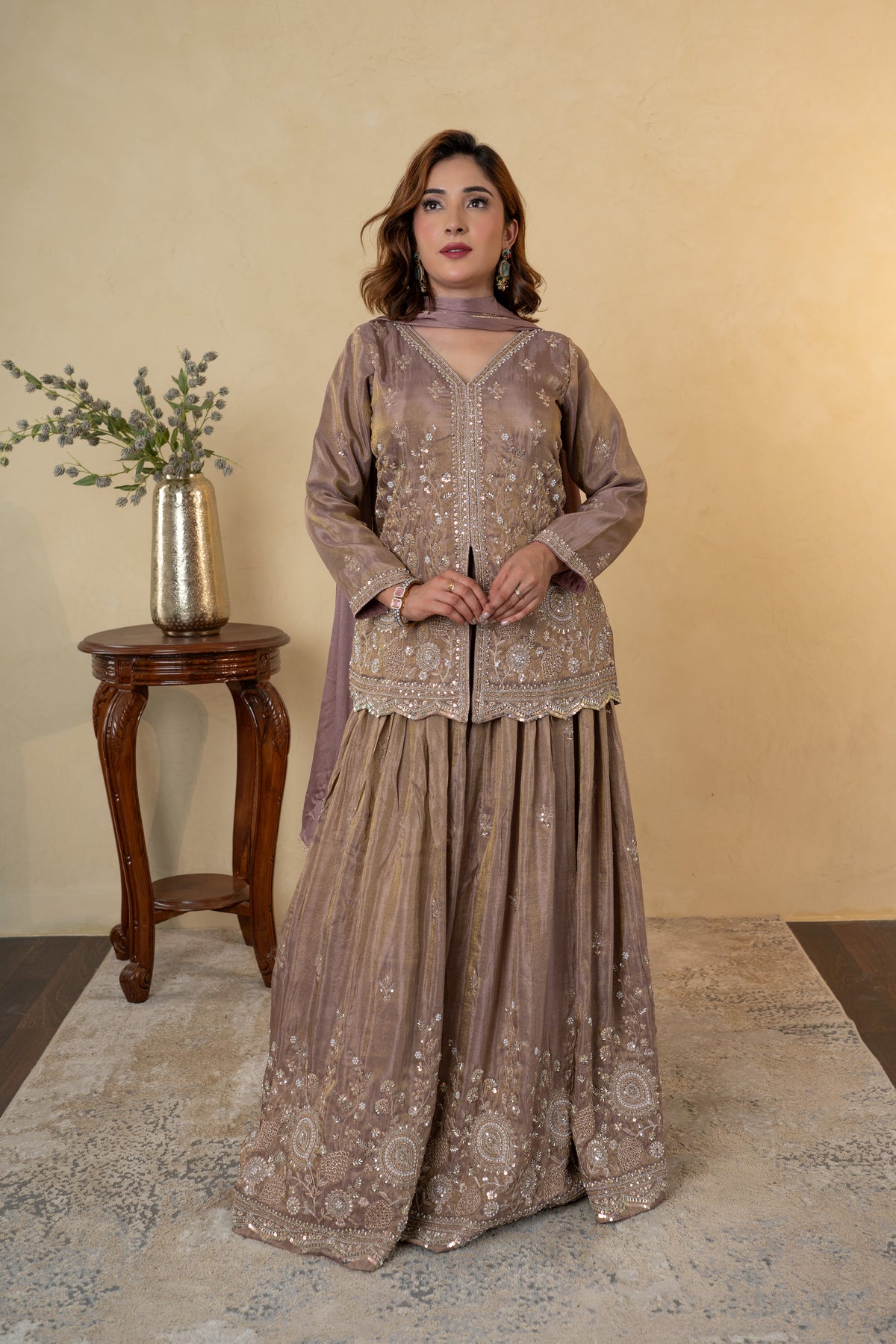 Mauve Tissue Embroidered Kurti Lehenga