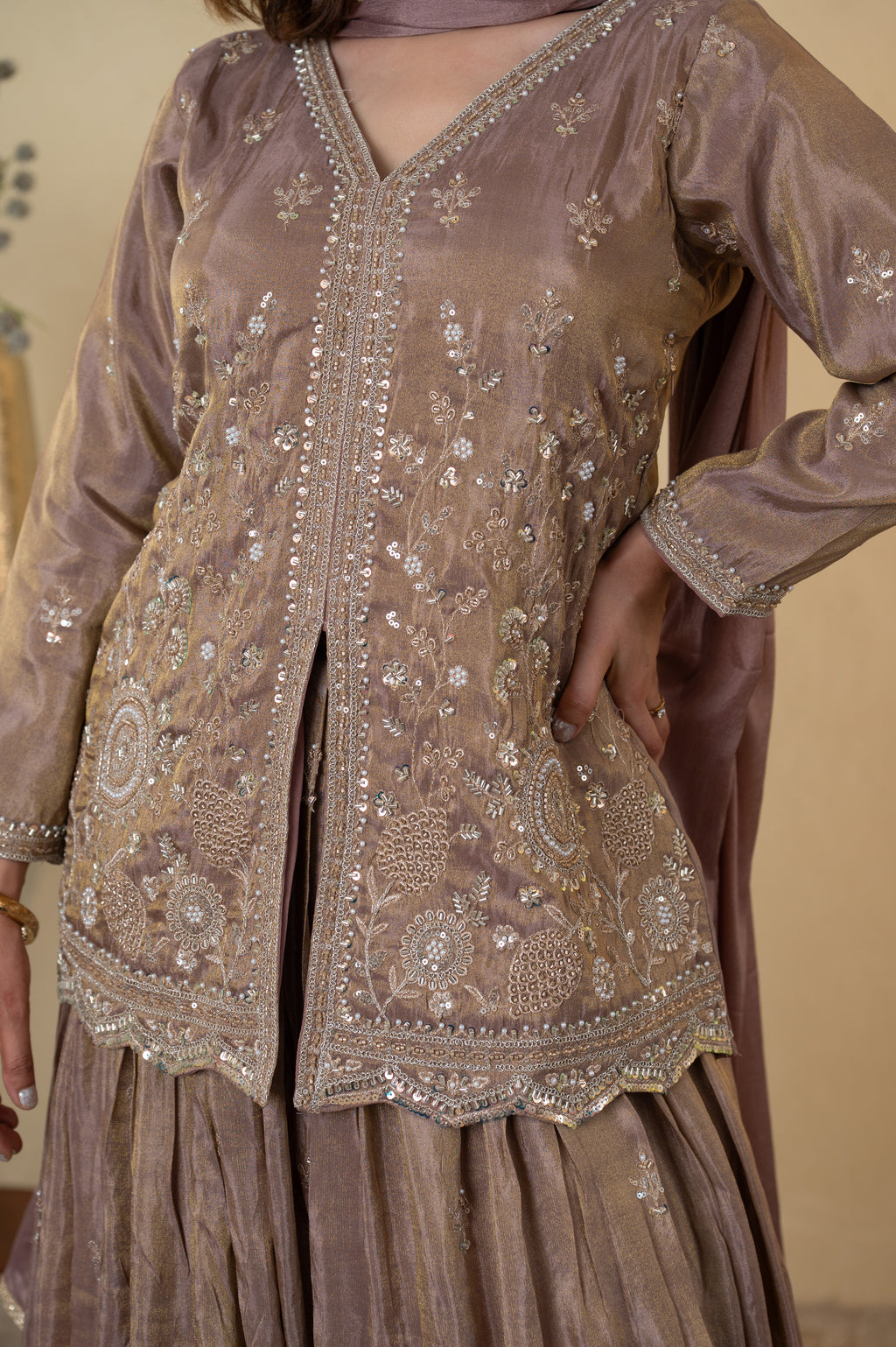 Mauve Tissue Embroidered Kurti Lehenga