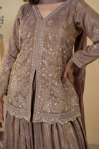 Mauve Tissue Embroidered Kurti Lehenga