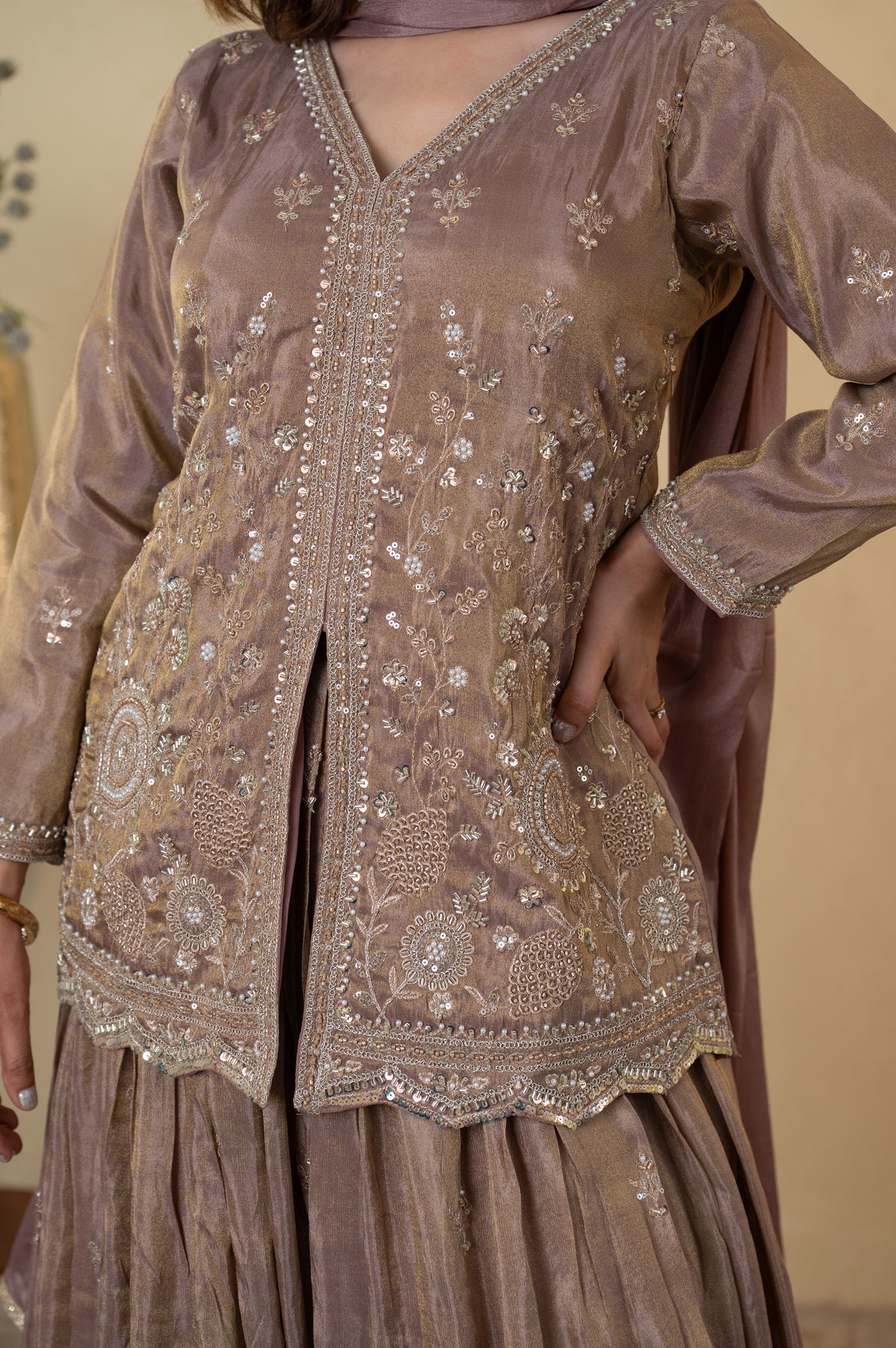 Mauve Tissue Embroidered Kurti Lehenga