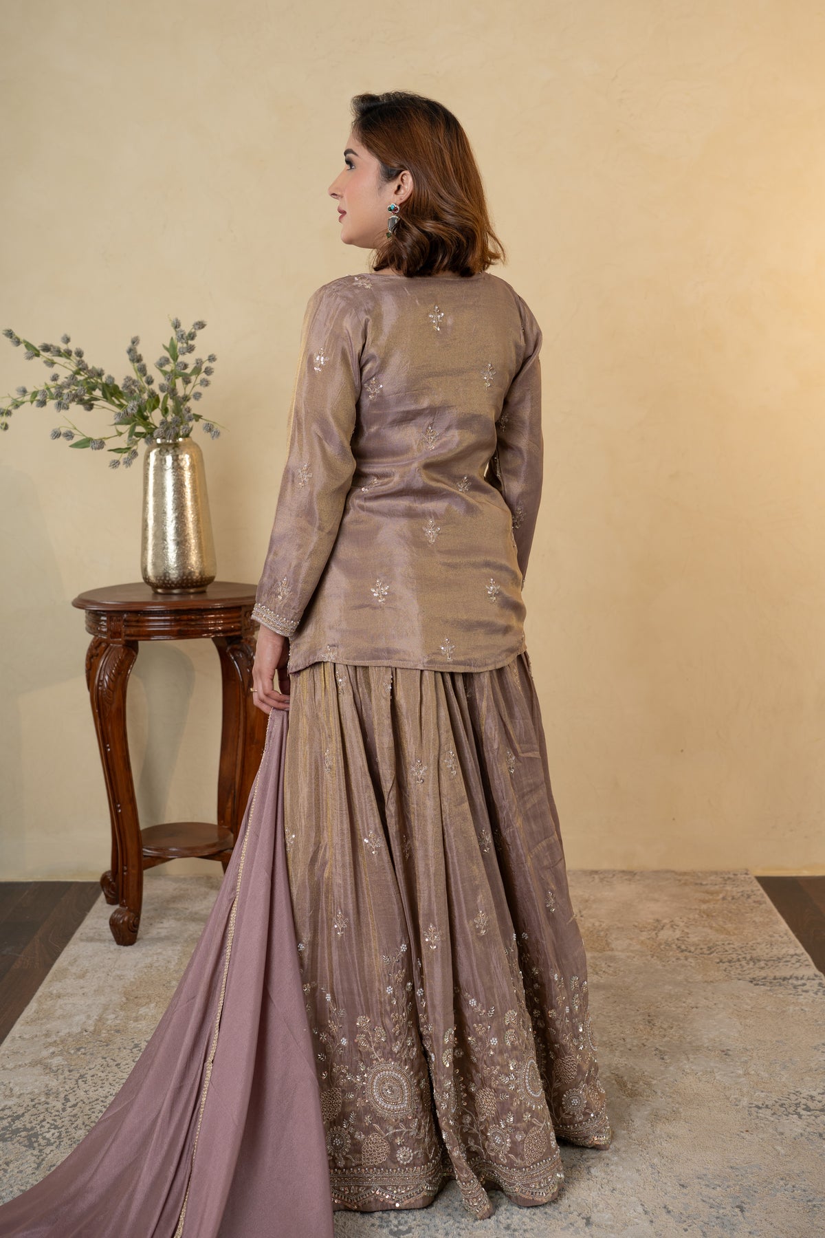 Mauve Tissue Embroidered Kurti Lehenga