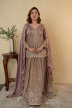 Mauve Tissue Embroidered Kurti Lehenga
