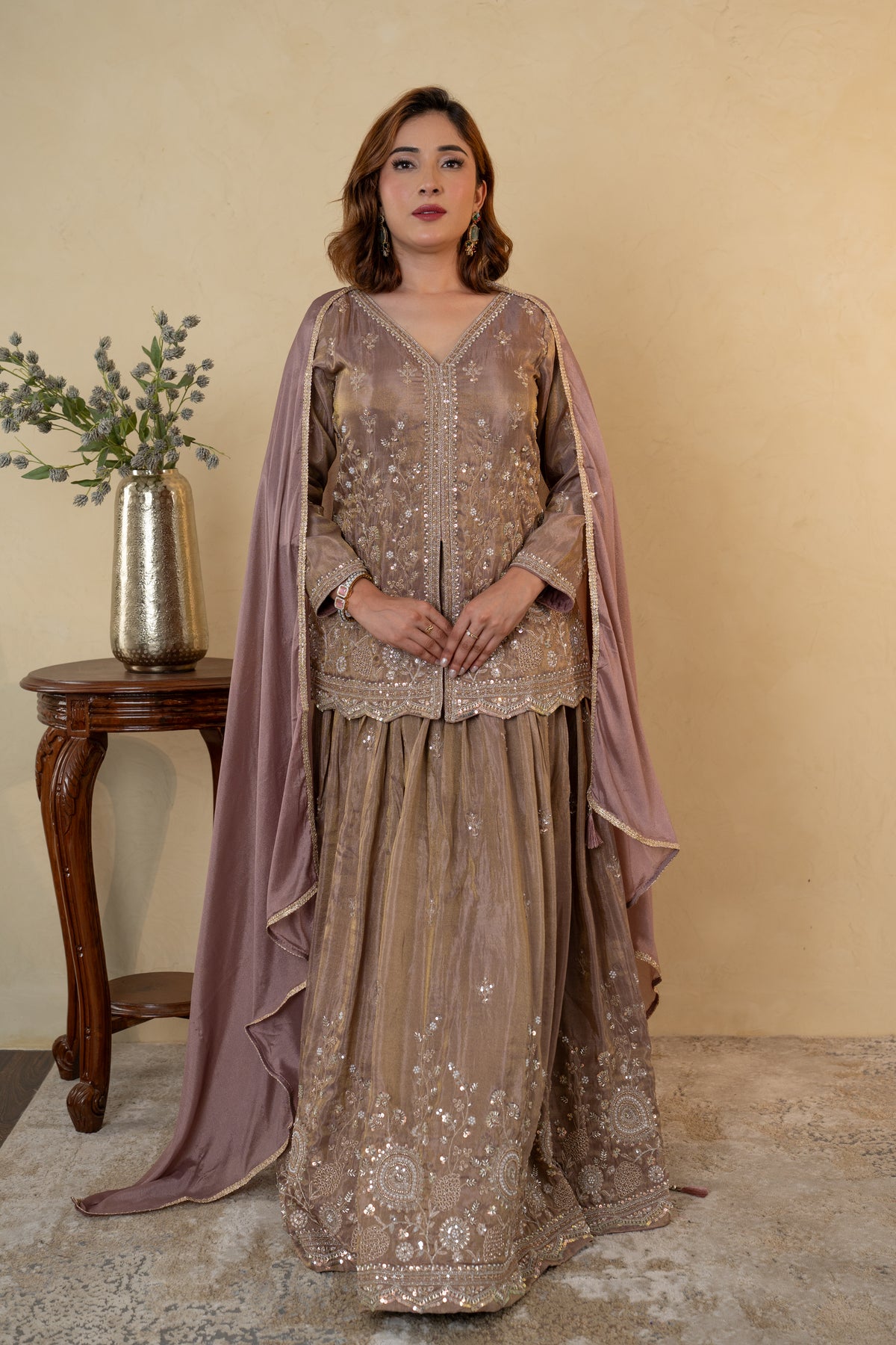Mauve Tissue Embroidered Kurti Lehenga