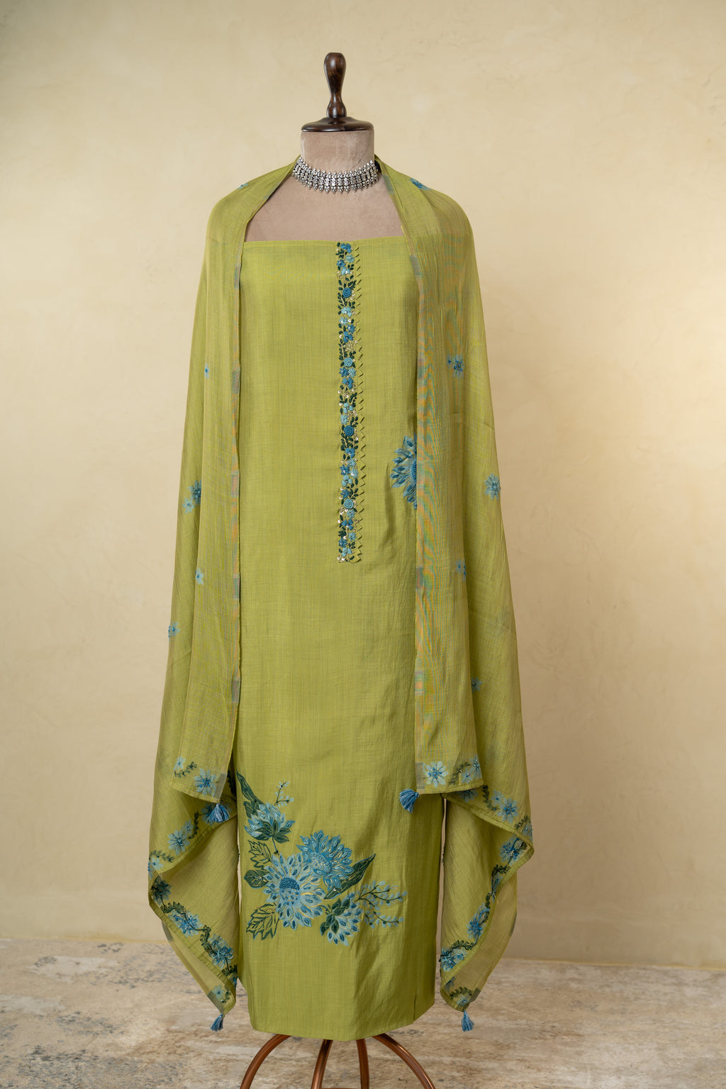Olive Green Thread Work Unstitched Suit