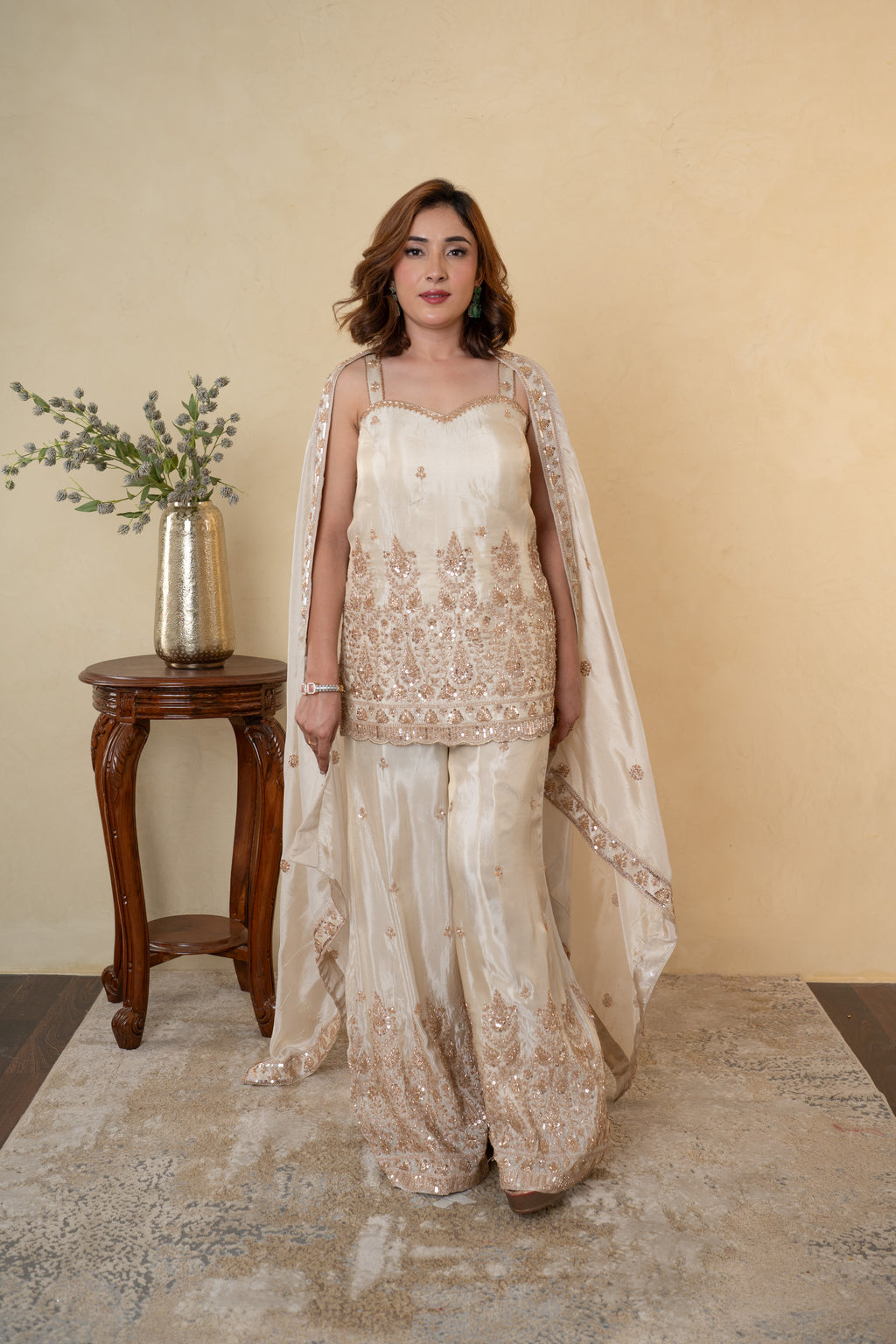 Ivory Tissue Embroidered Sharara Suit