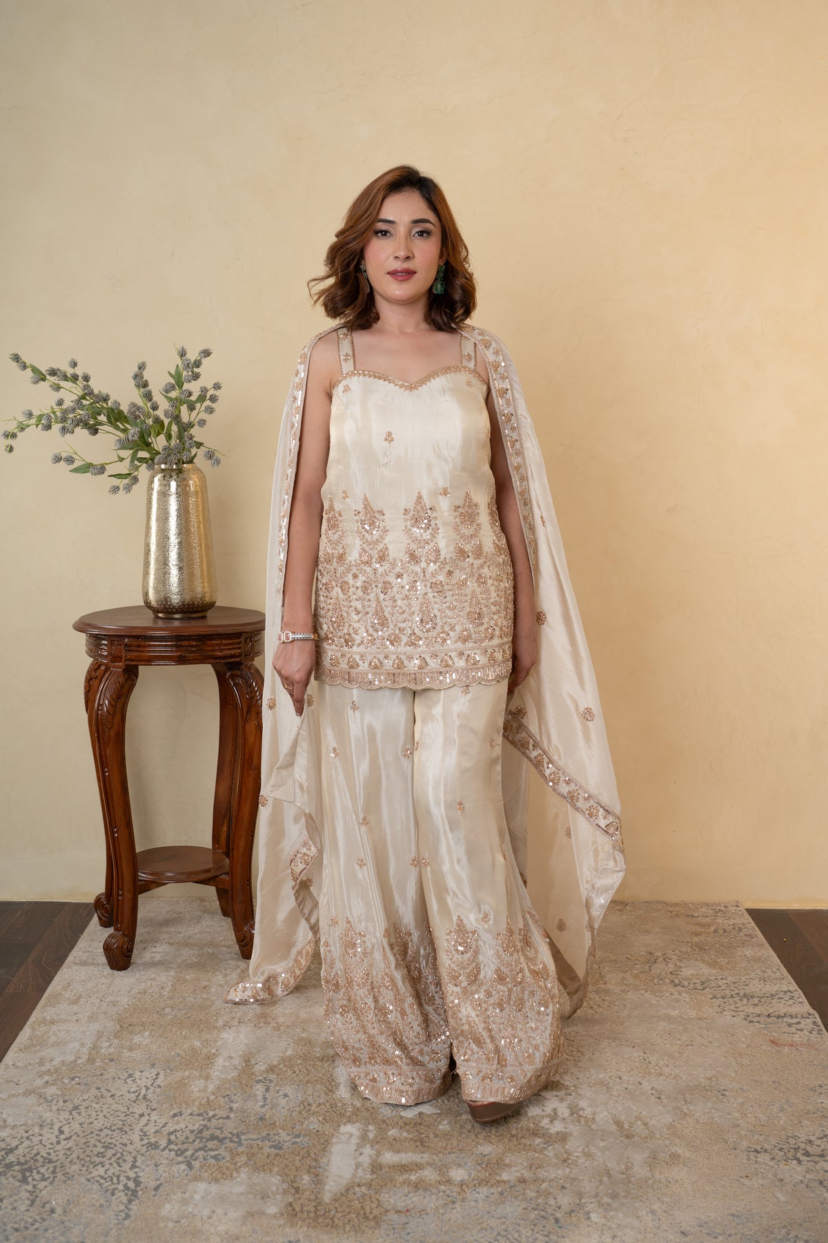 Ivory Tissue Embroidered Sharara Suit