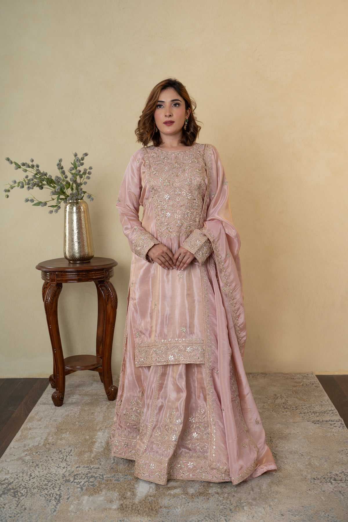 Peach Tissue Embroidered Skirt Suit with Dupatta