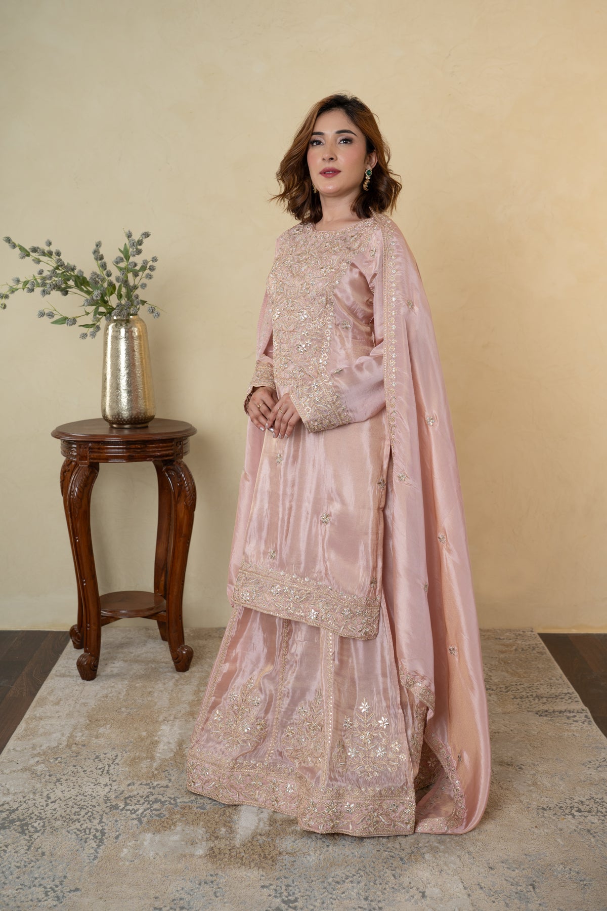 Peach Tissue Embroidered Skirt Suit with Dupatta