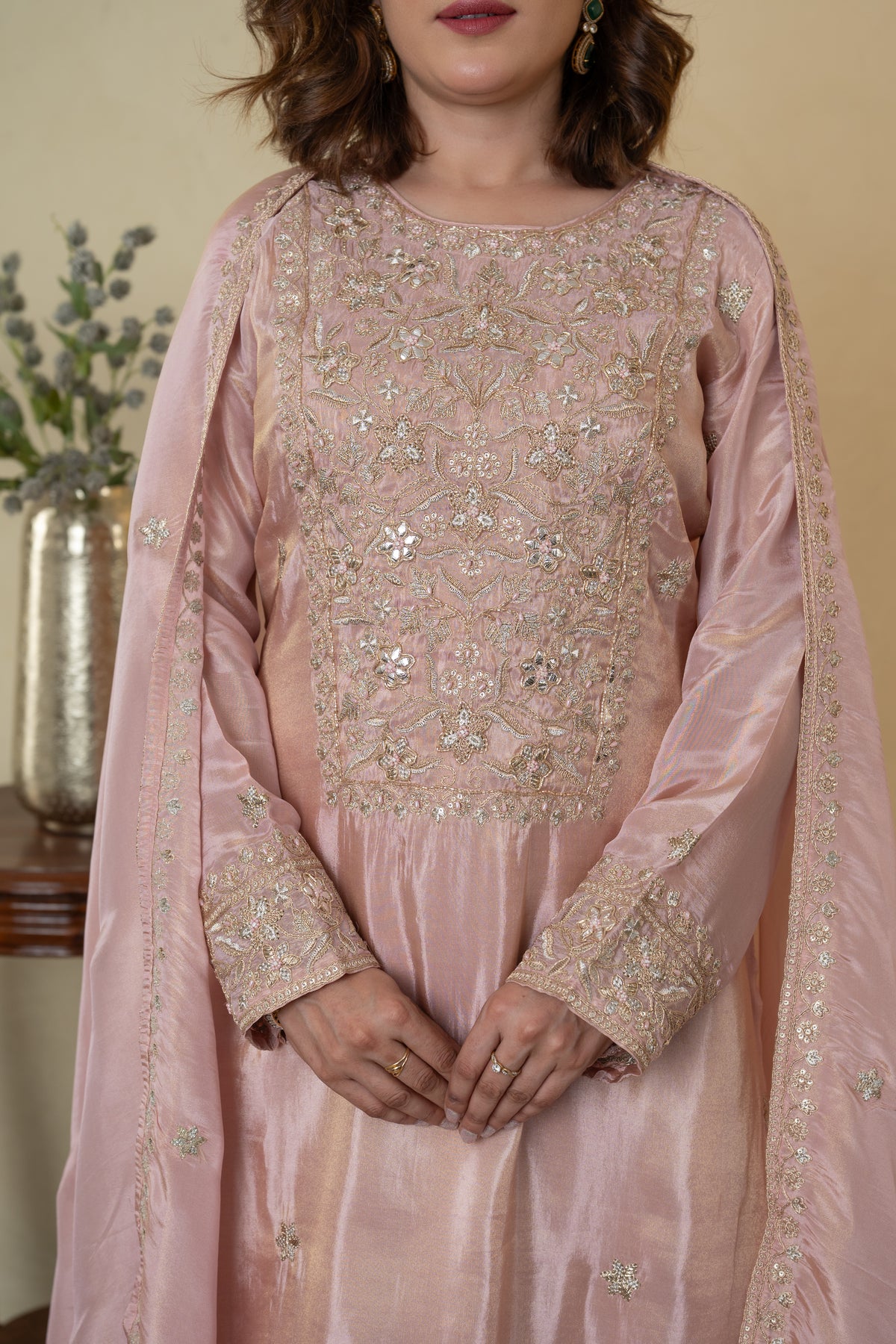 Peach Tissue Embroidered Skirt Suit with Dupatta