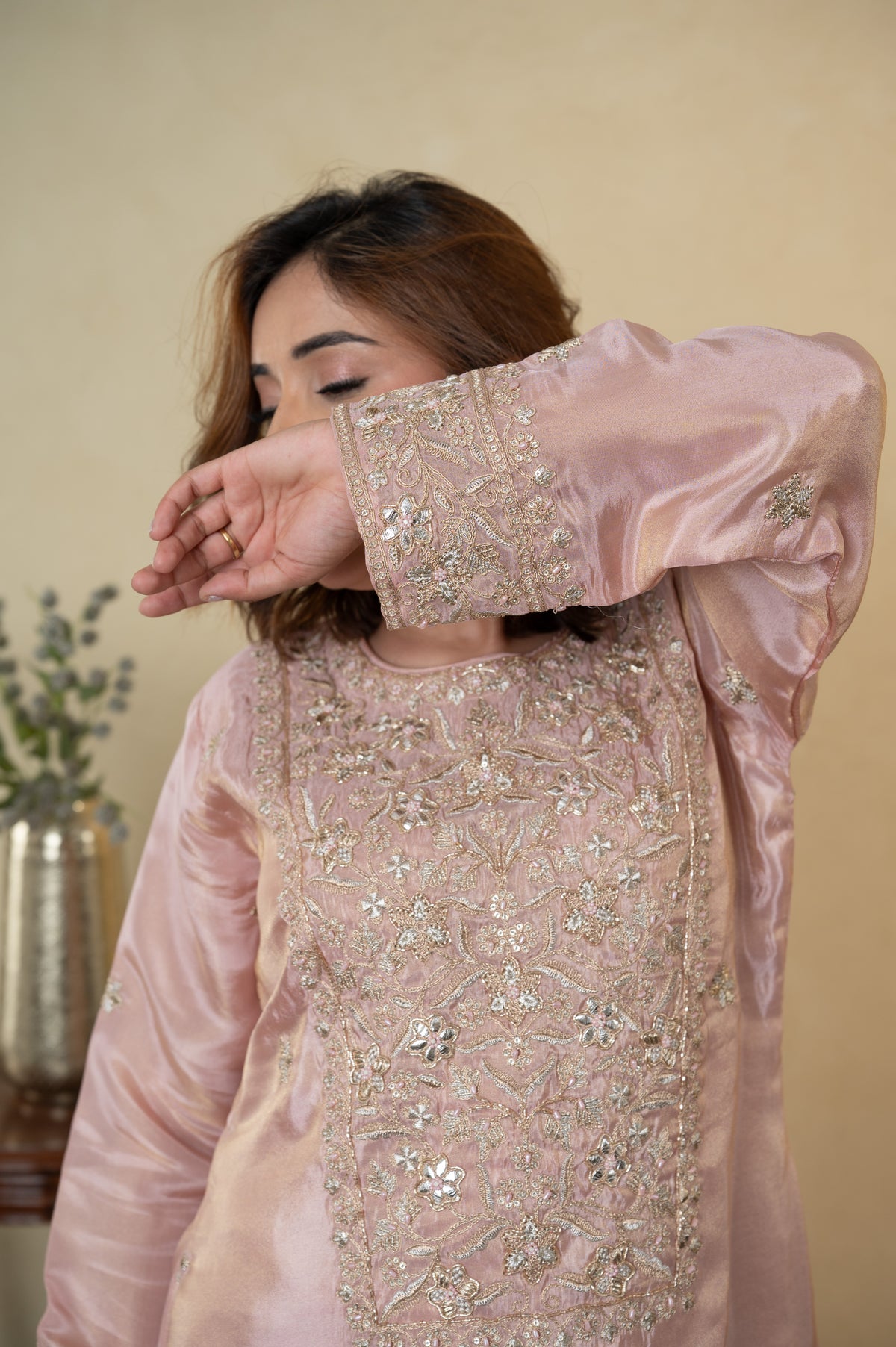 Peach Tissue Embroidered Skirt Suit with Dupatta