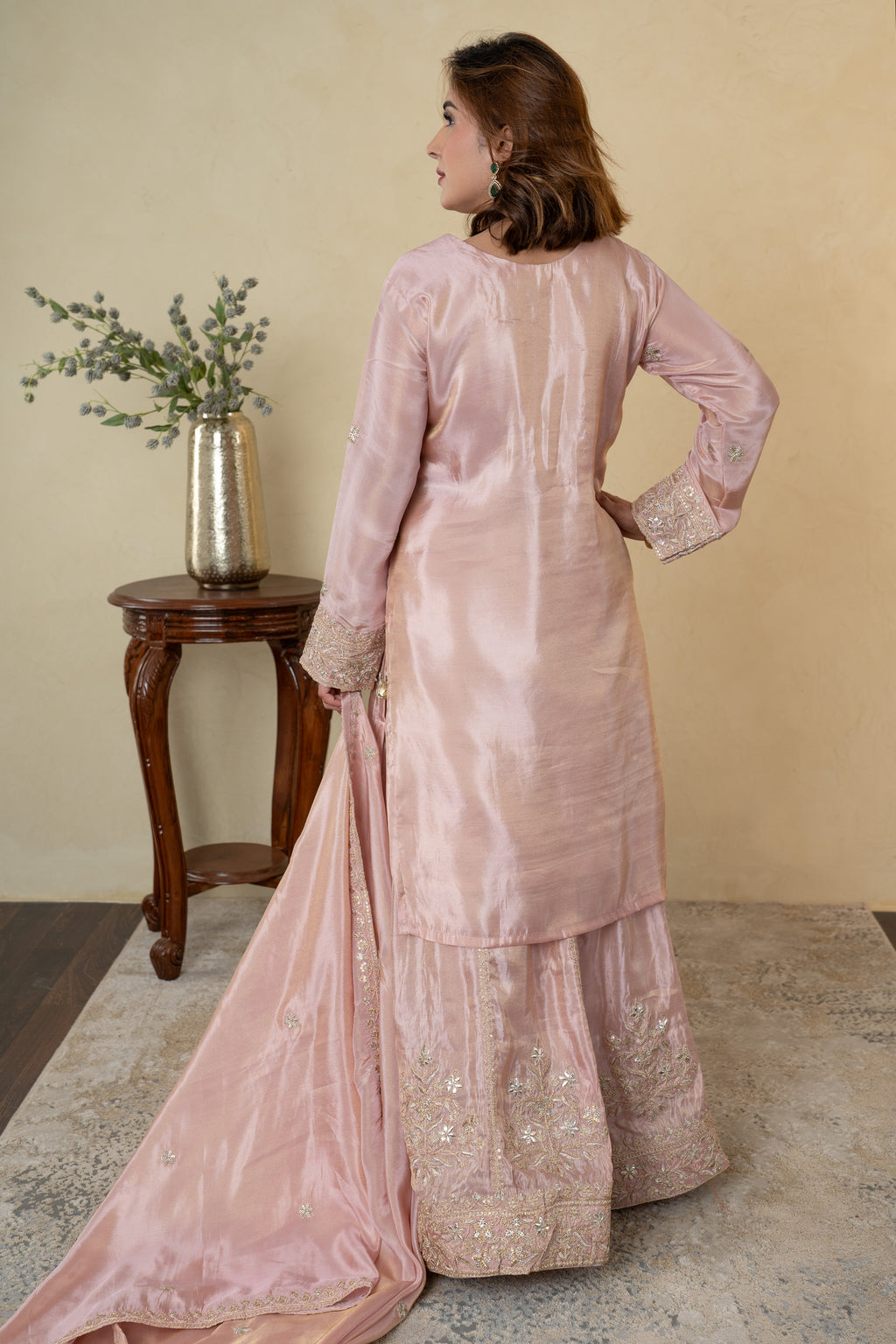 Peach Tissue Embroidered Skirt Suit with Dupatta