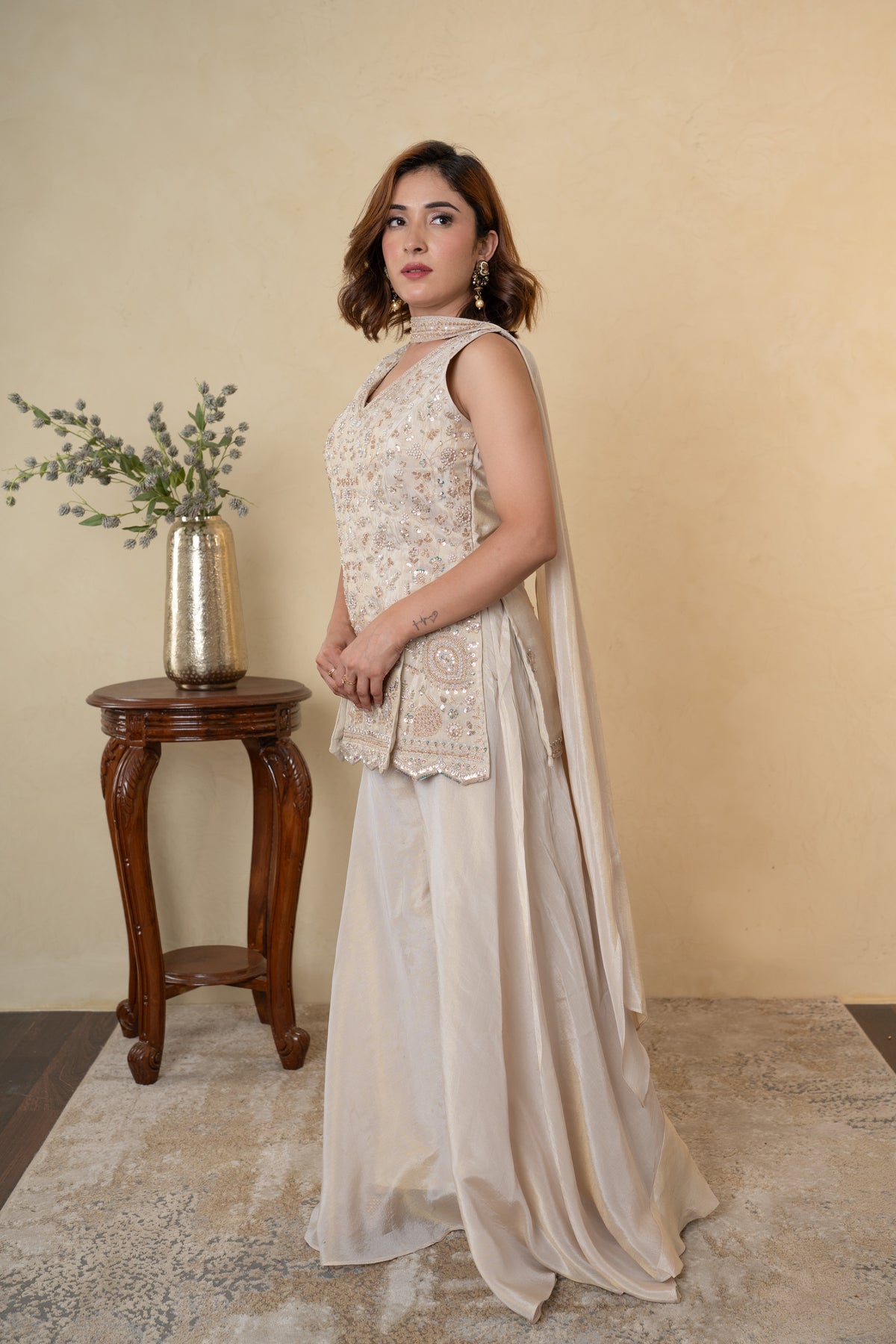Ivory Tissue Embroidered Palazzo Dress