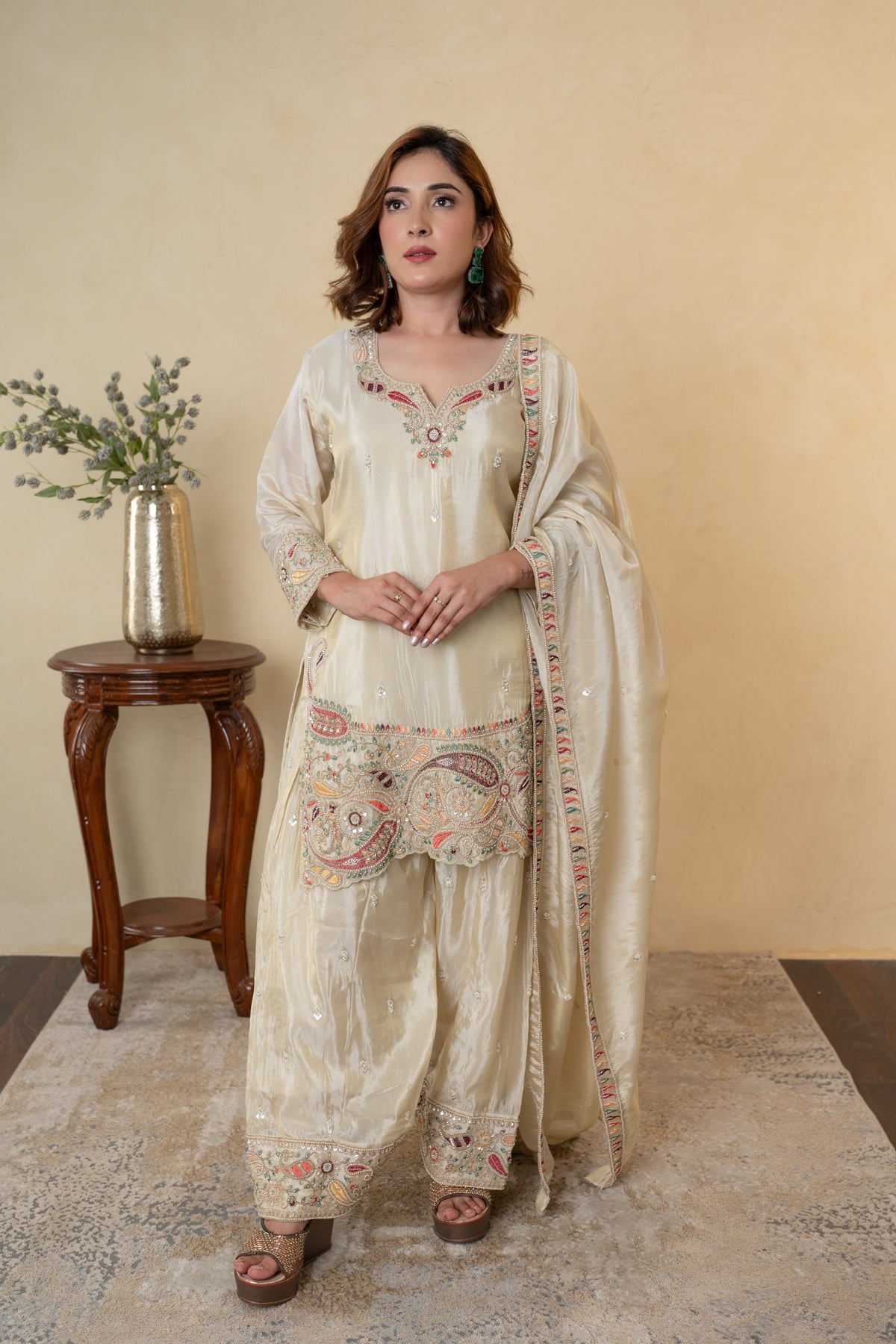 Ivory Tissue Embroidered Farshi Salwar with Shirt Dupatta