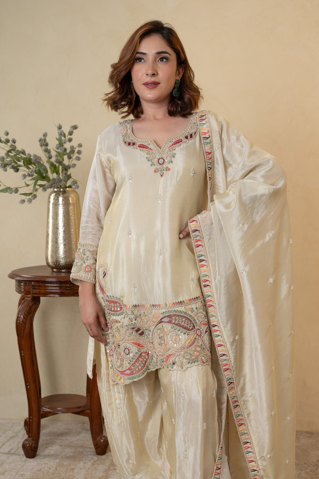 Ivory Tissue Embroidered Farshi Salwar with Shirt Dupatta
