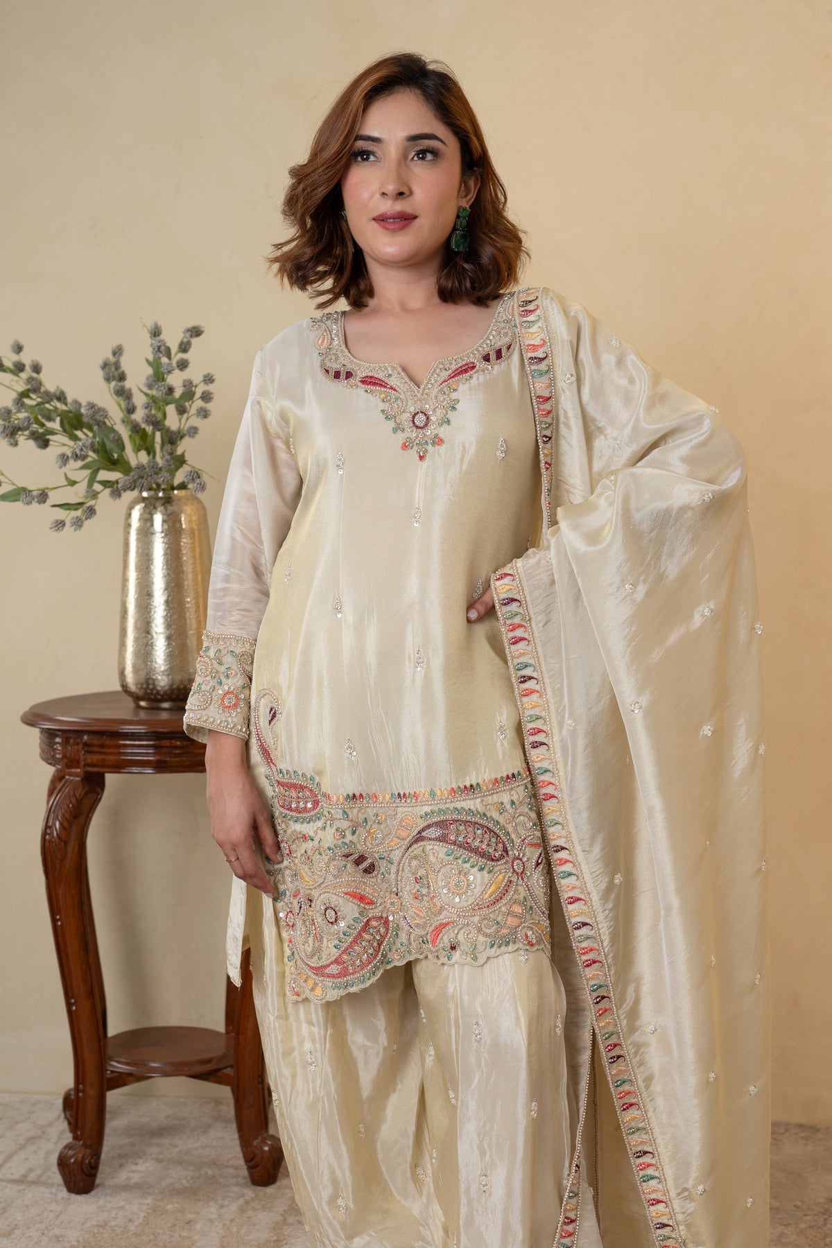 Ivory Tissue Embroidered Farshi Salwar with Shirt Dupatta