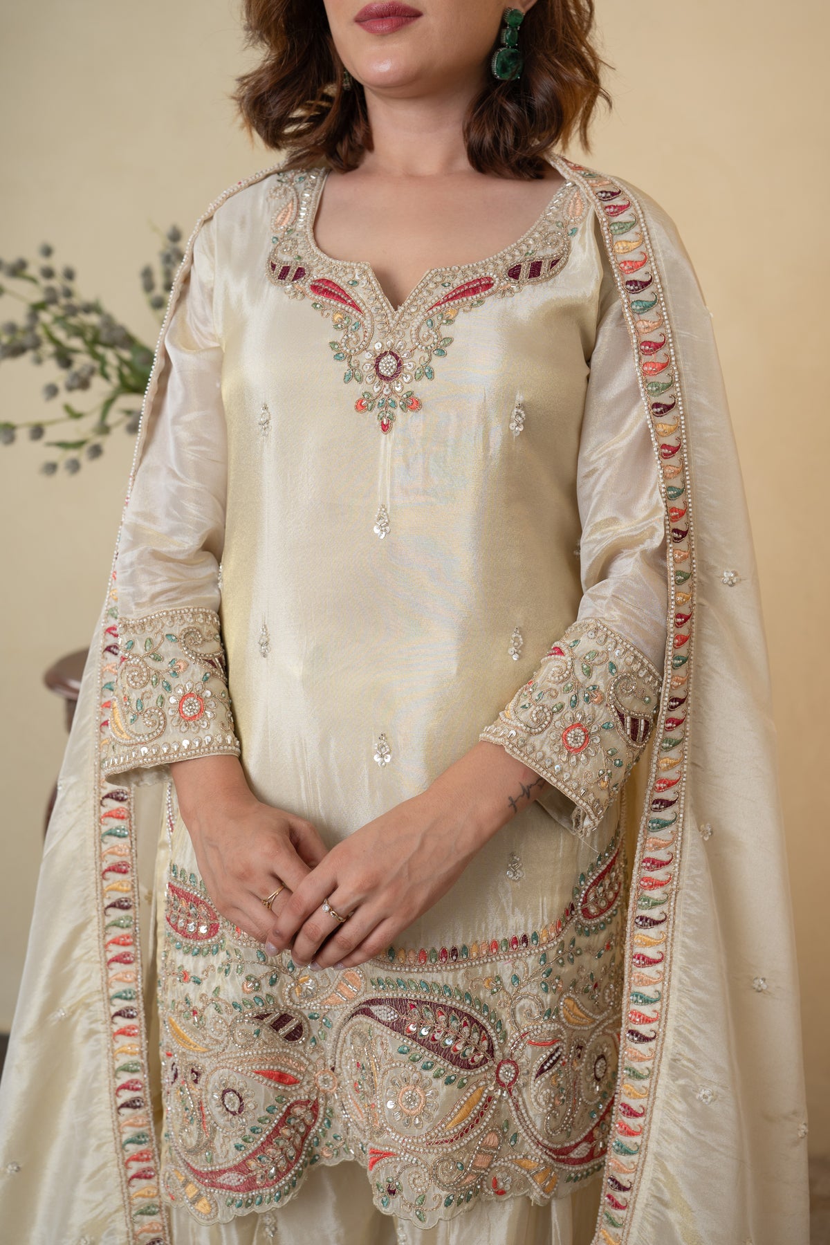 Ivory Tissue Embroidered Farshi Salwar with Shirt Dupatta