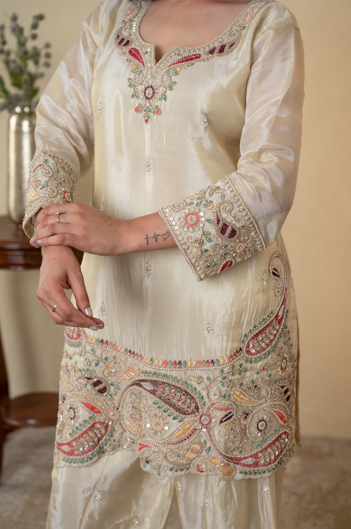 Ivory Tissue Embroidered Farshi Salwar with Shirt Dupatta