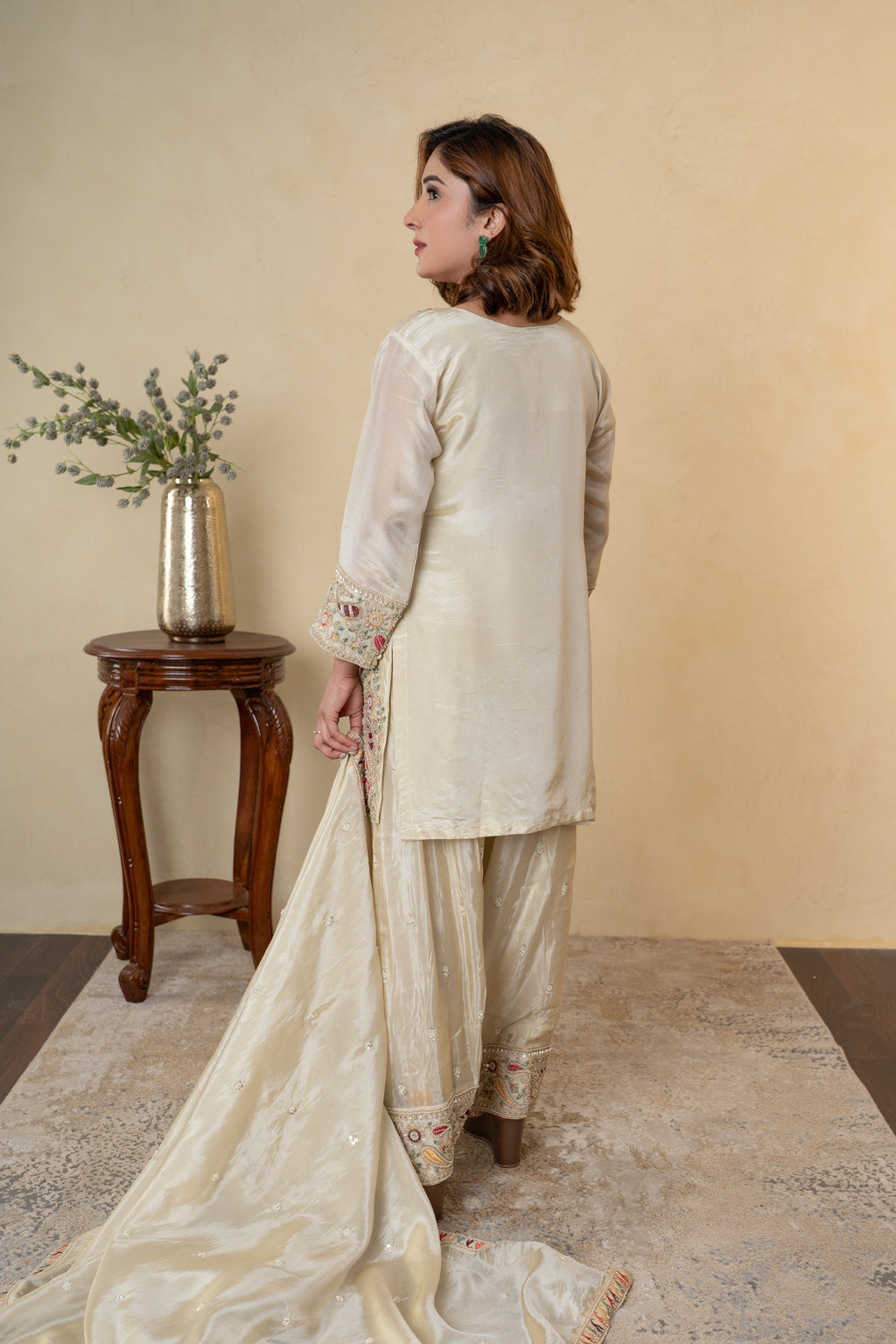 Ivory Tissue Embroidered Farshi Salwar with Shirt Dupatta