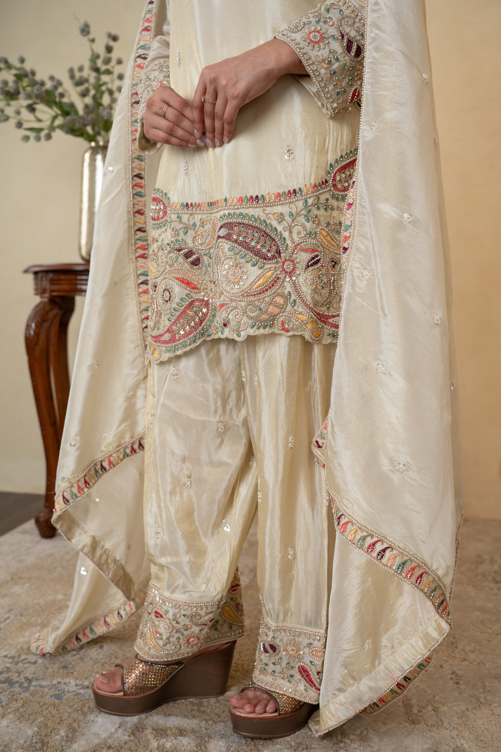 Ivory Tissue Embroidered Farshi Salwar with Shirt Dupatta